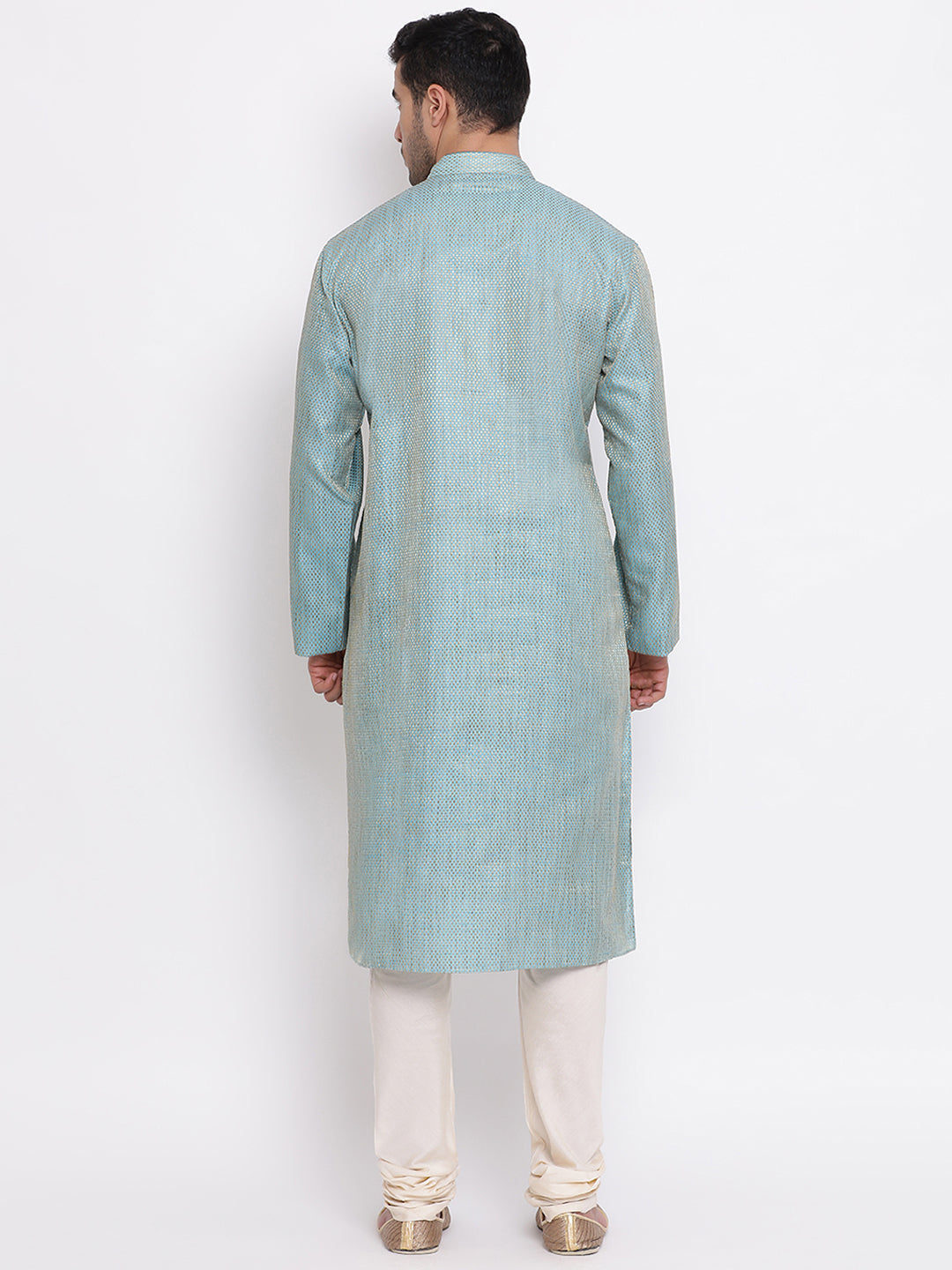 Full Sleeve Self Design Kurta and Churidar Set in Blue Jacquard