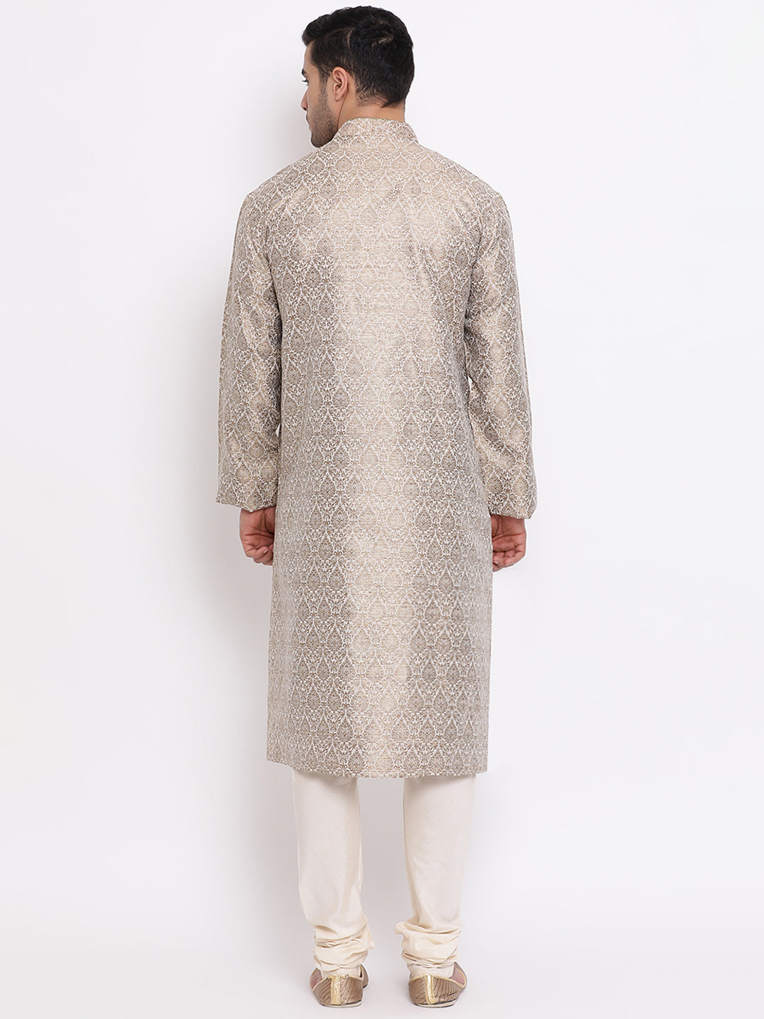 Full Sleeve Woven Kurta and Churidar Set in Beige Jacquard
