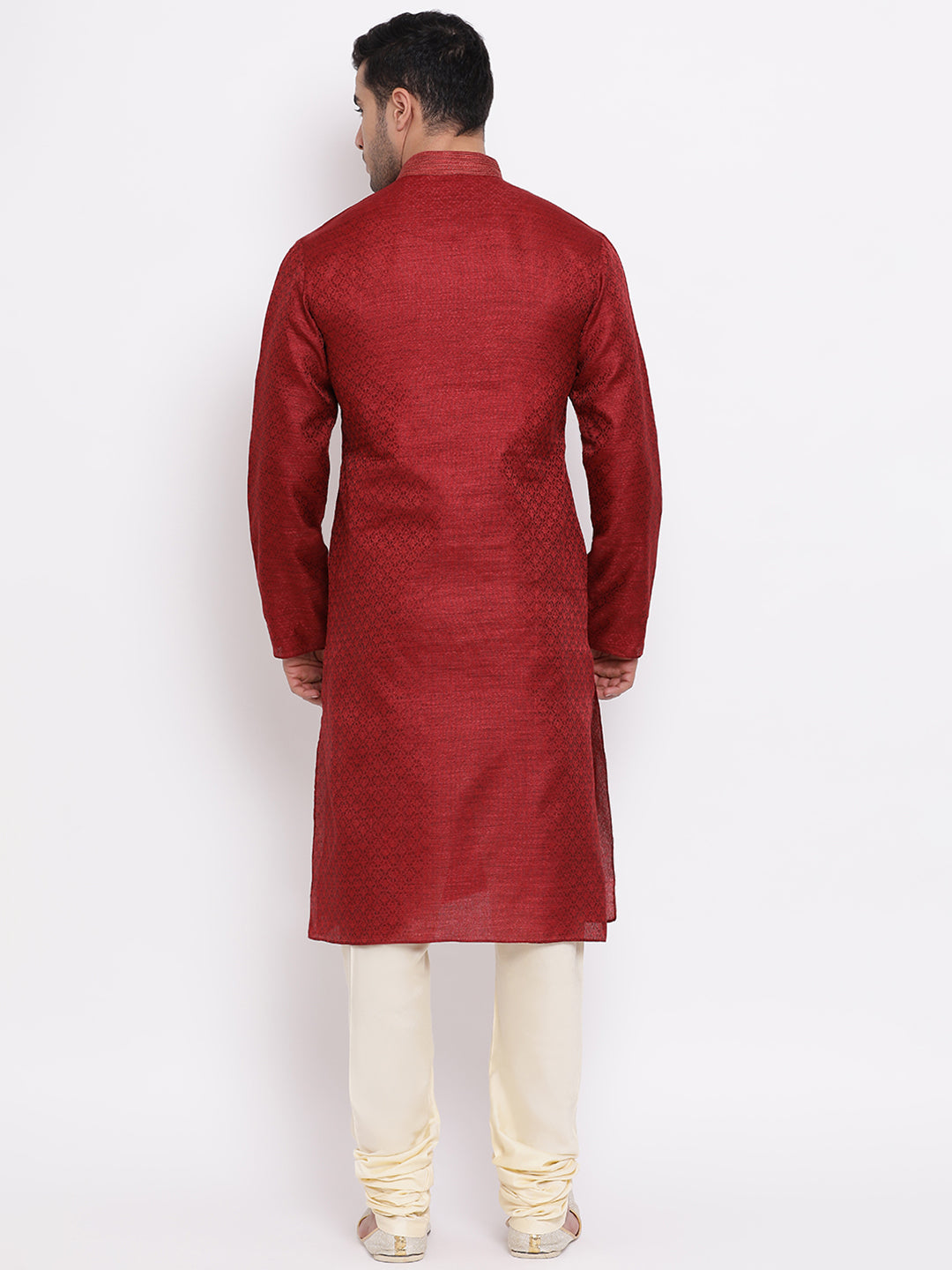 Full Sleeve Printed Kurta and Churidar Set in Maroon Jacquard
