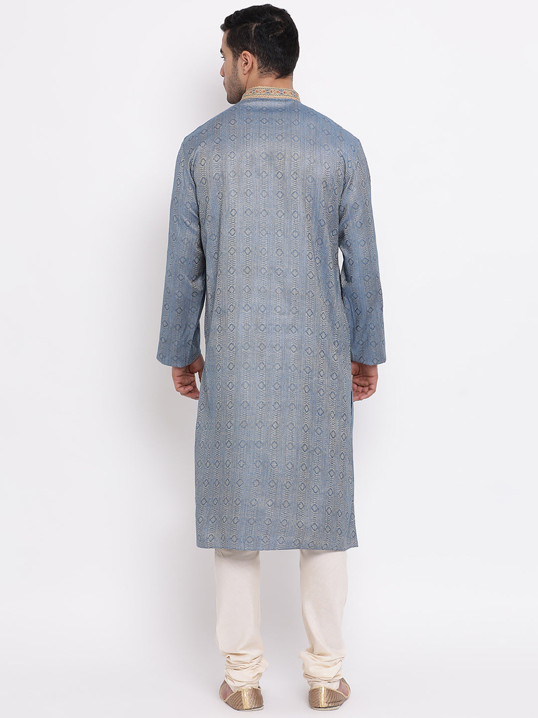Full Sleeve Embroidered Kurta and Churidar Set in Blue Cotton Blend