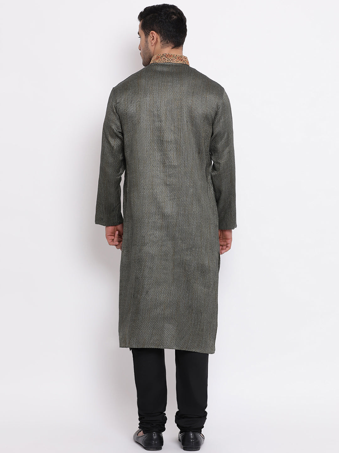 Full Sleeve Embroidered Kurta and Churidar Set in Black Cotton Blend