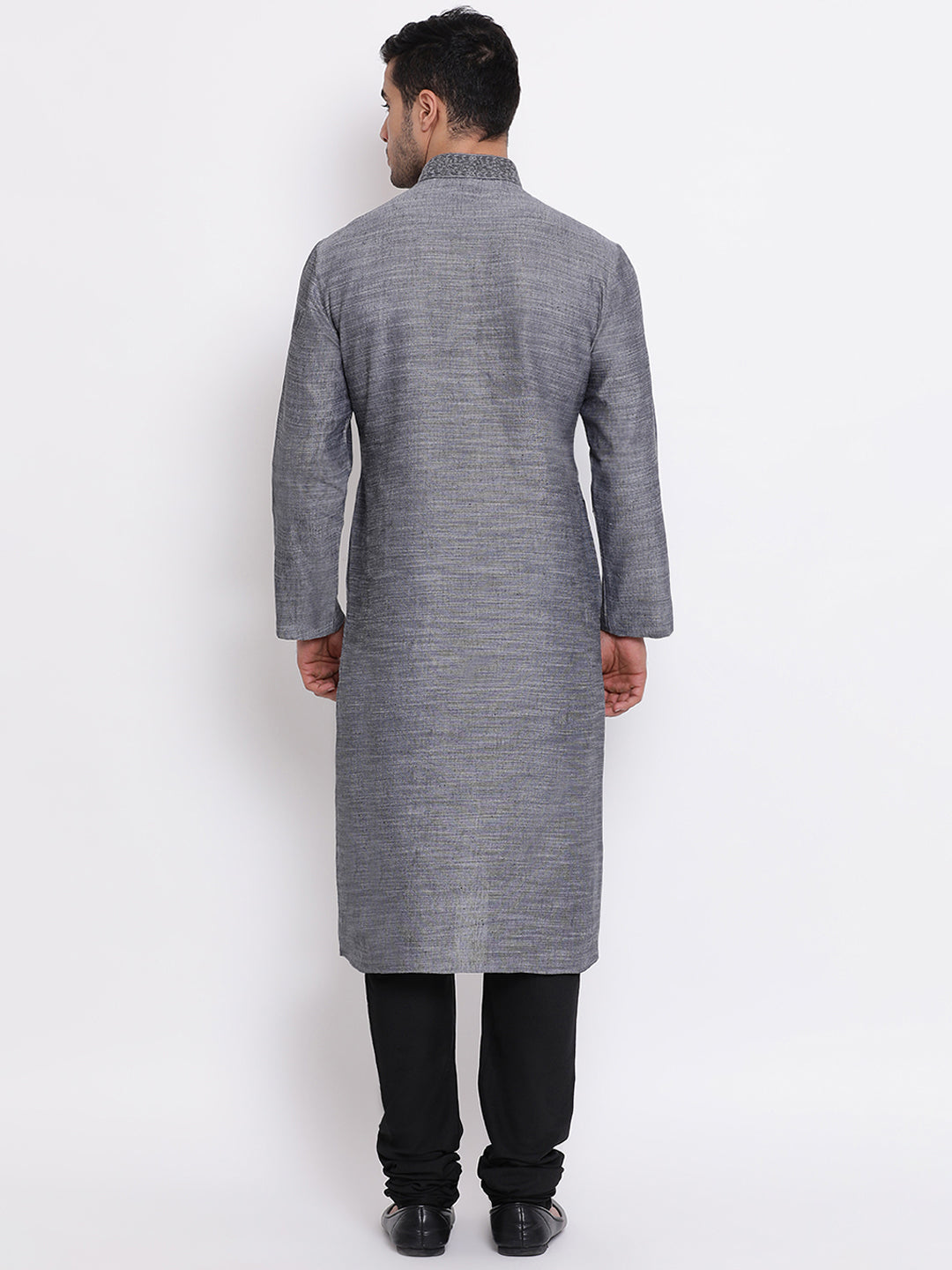 Full Sleeve Embroidered Kurta and Churidar Set in Grey Cotton Blend