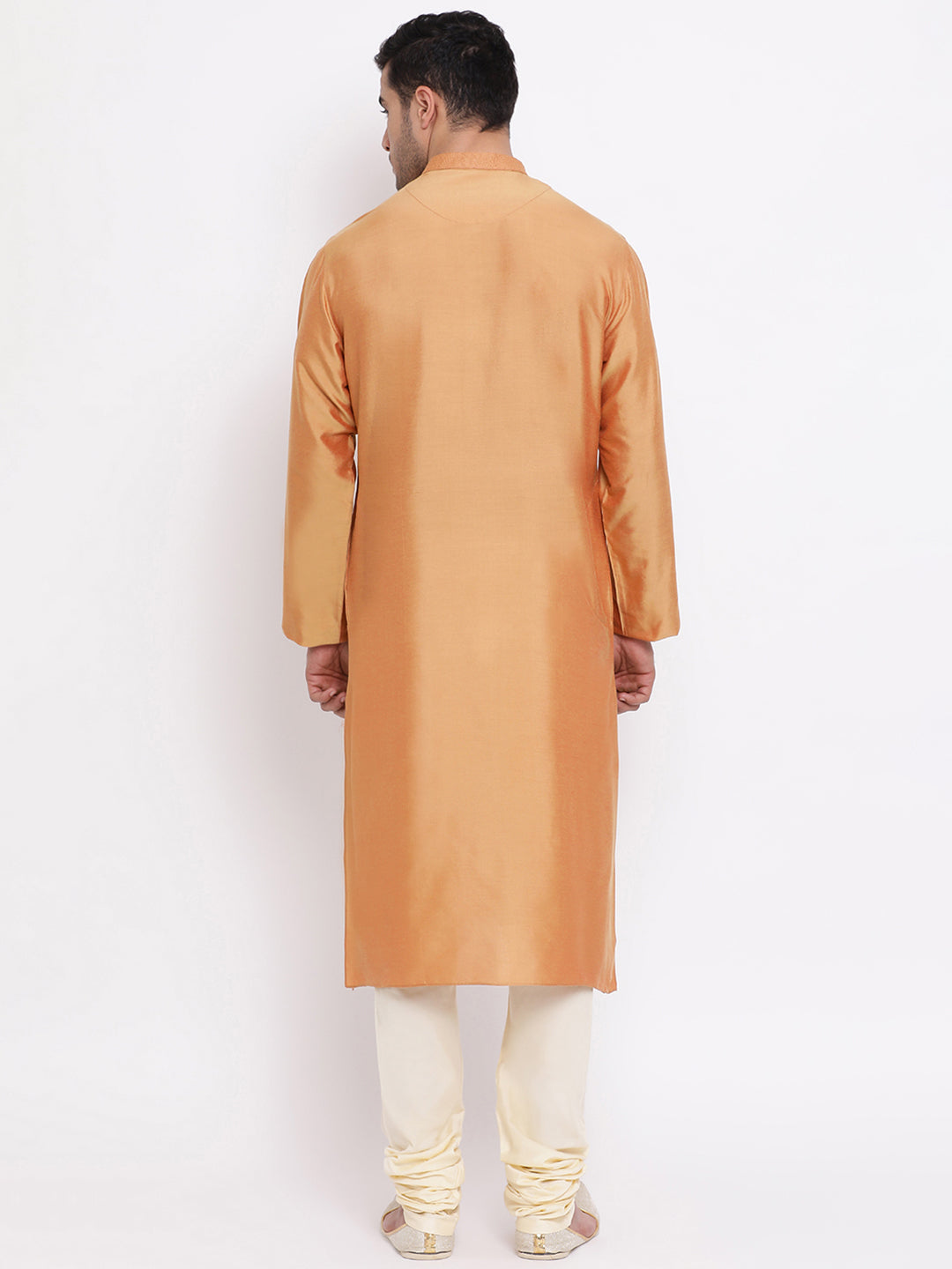 Full Sleeve Solid Kurta and Churidar Set in Gold Silk Blend