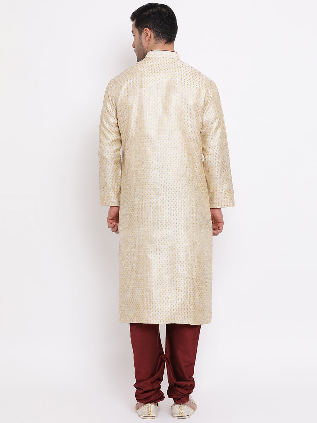 Full Sleeve Woven Kurta and Churidar Set in Beige Jacquard