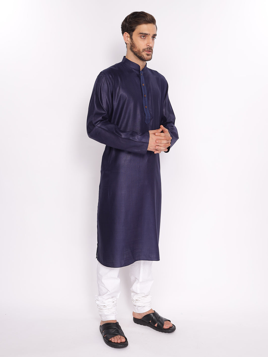 Full Sleeve Solid Kurta and Pyjama Set in Dark Blue Pure Cotton