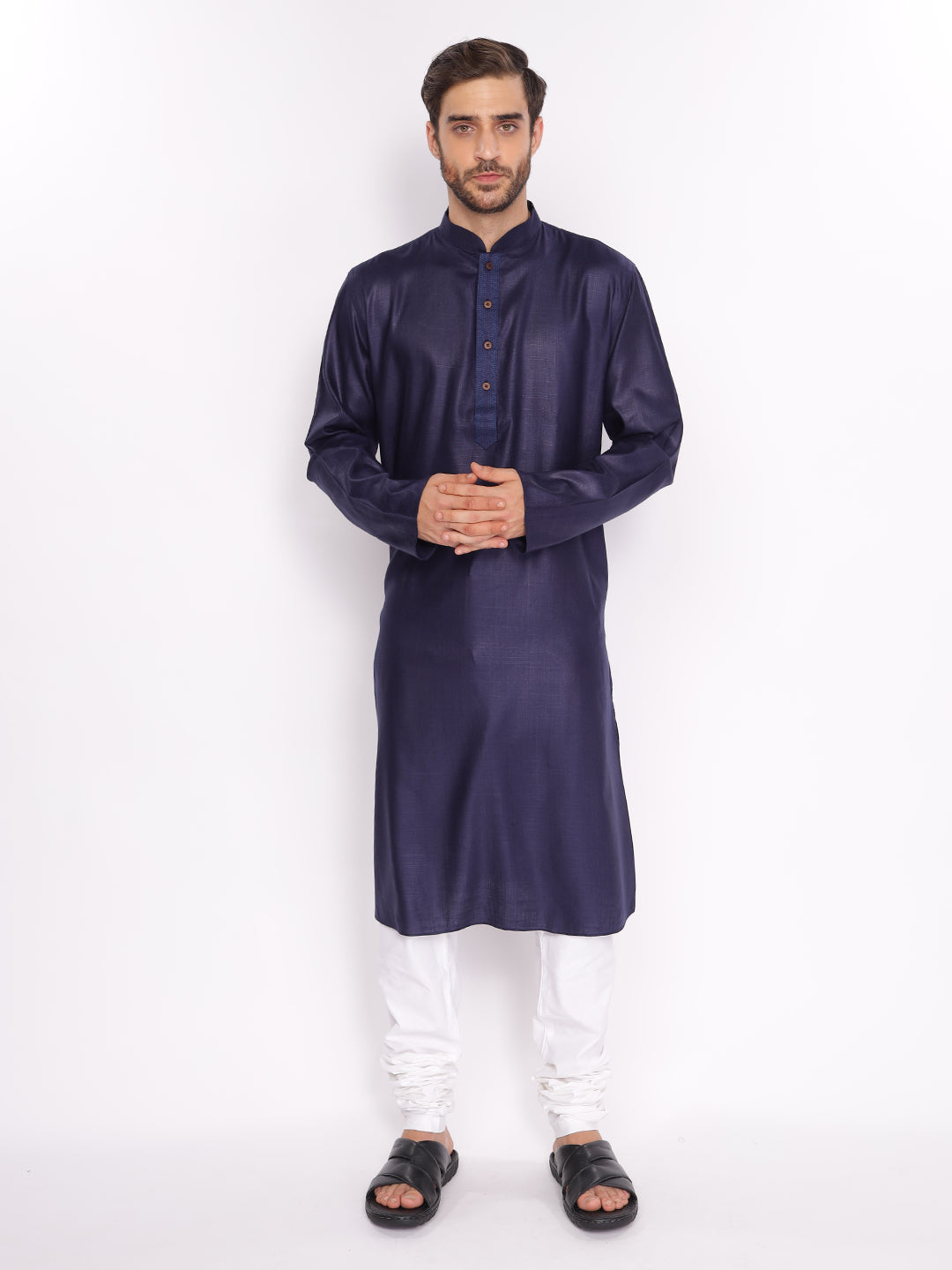 Full Sleeve Solid Kurta and Pyjama Set in Dark Blue Pure Cotton