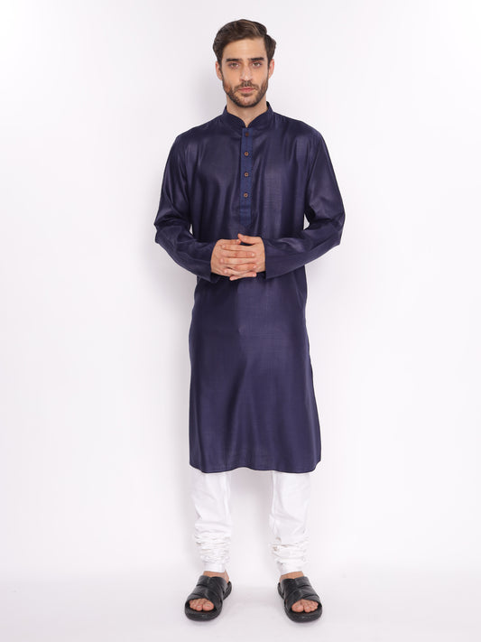 Full Sleeve Solid Kurta and Pyjama Set in Dark Blue Pure Cotton