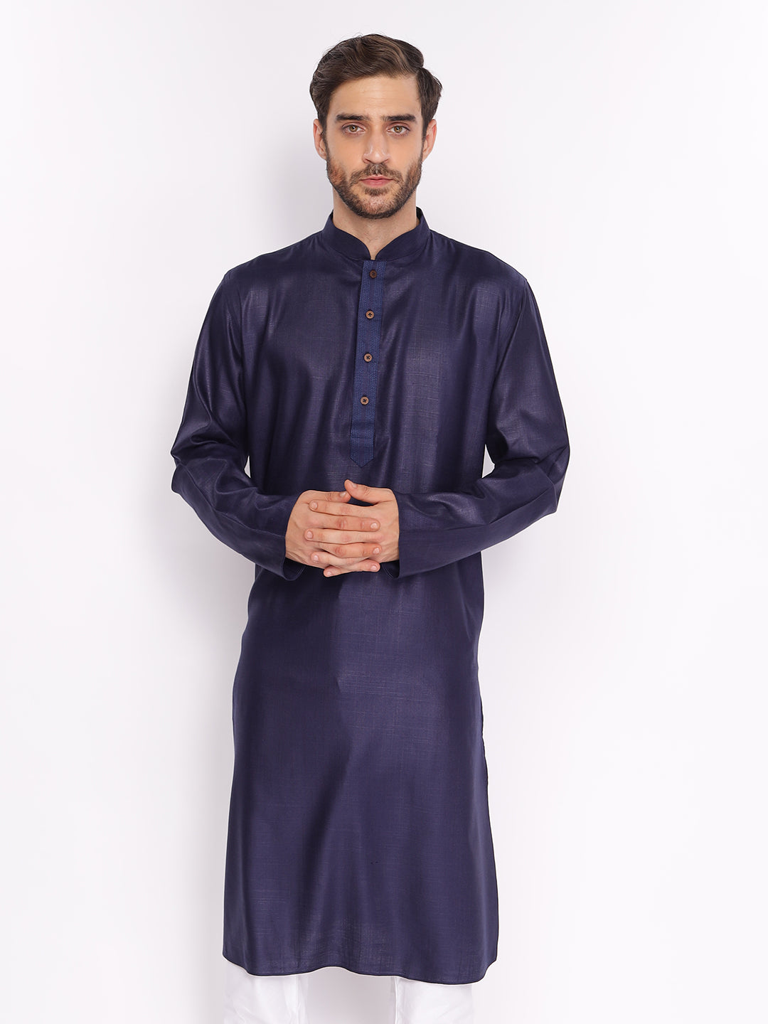 Full Sleeve Solid Kurta and Pyjama Set in Dark Blue Pure Cotton