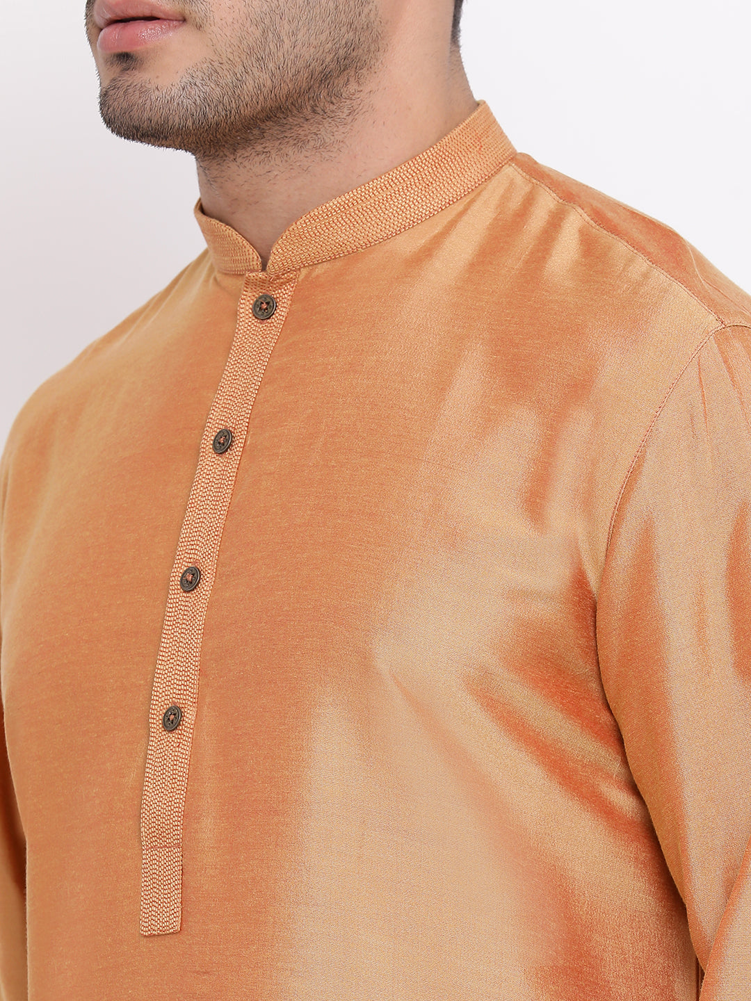 Full Sleeve Solid Kurta and Churidar Set in Gold Silk Blend