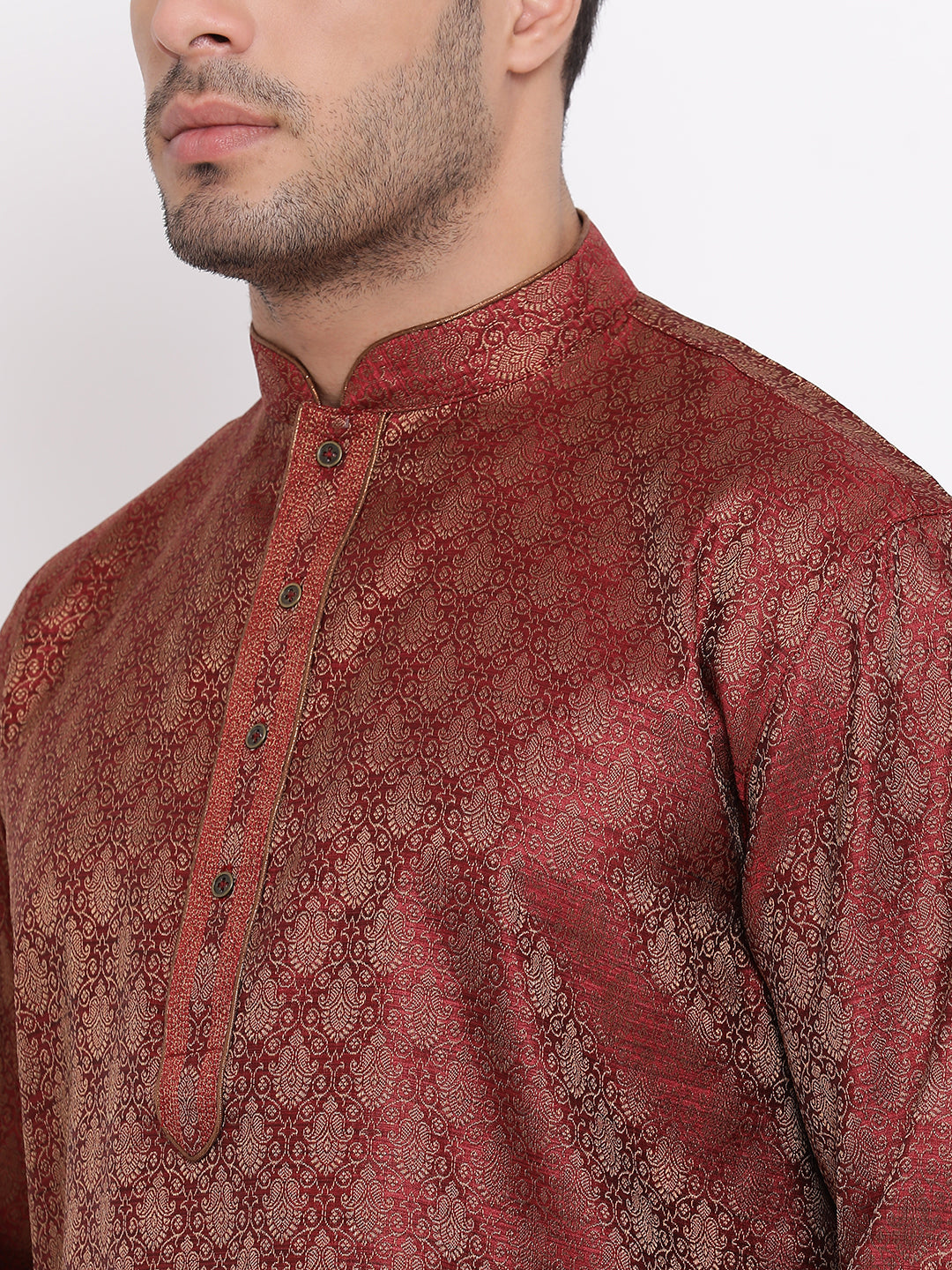 Full Sleeve Self Design Kurta and Churidar Set in Maroon Jacquard