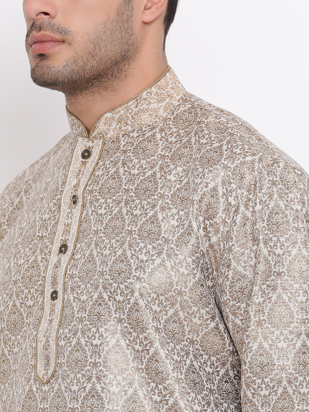 Full Sleeve Woven Kurta and Churidar Set in Beige Jacquard