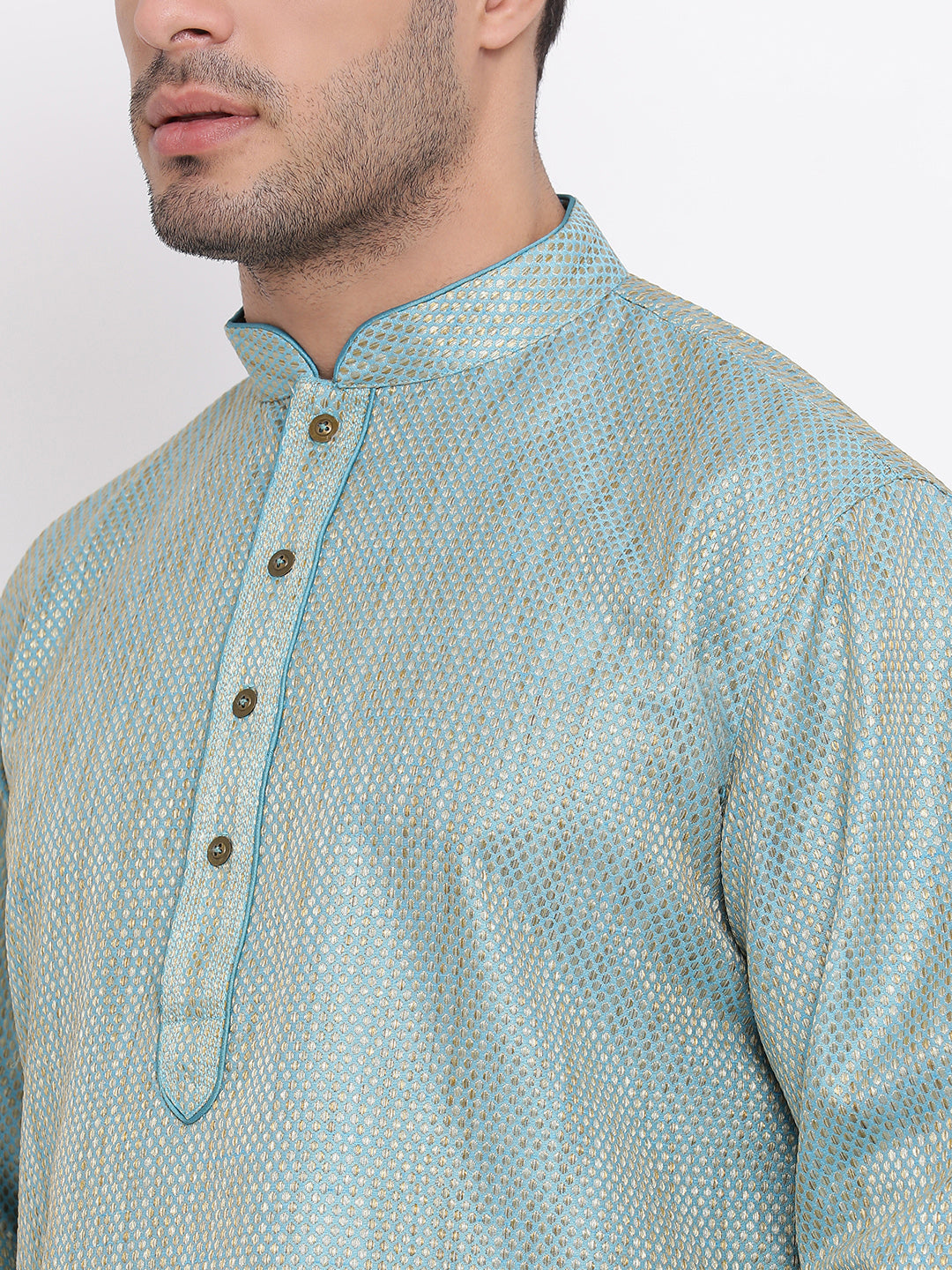 Full Sleeve Self Design Kurta and Churidar Set in Blue Jacquard