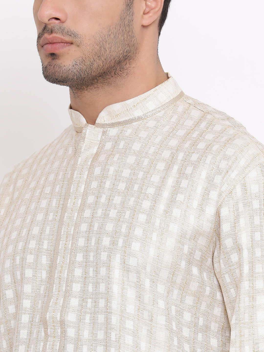 Full Sleeve Woven Kurta and Churidar Set in Beige Khadi Cotton