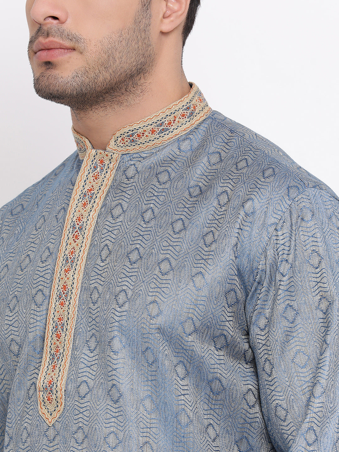 Full Sleeve Embroidered Kurta and Churidar Set in Blue Cotton Blend