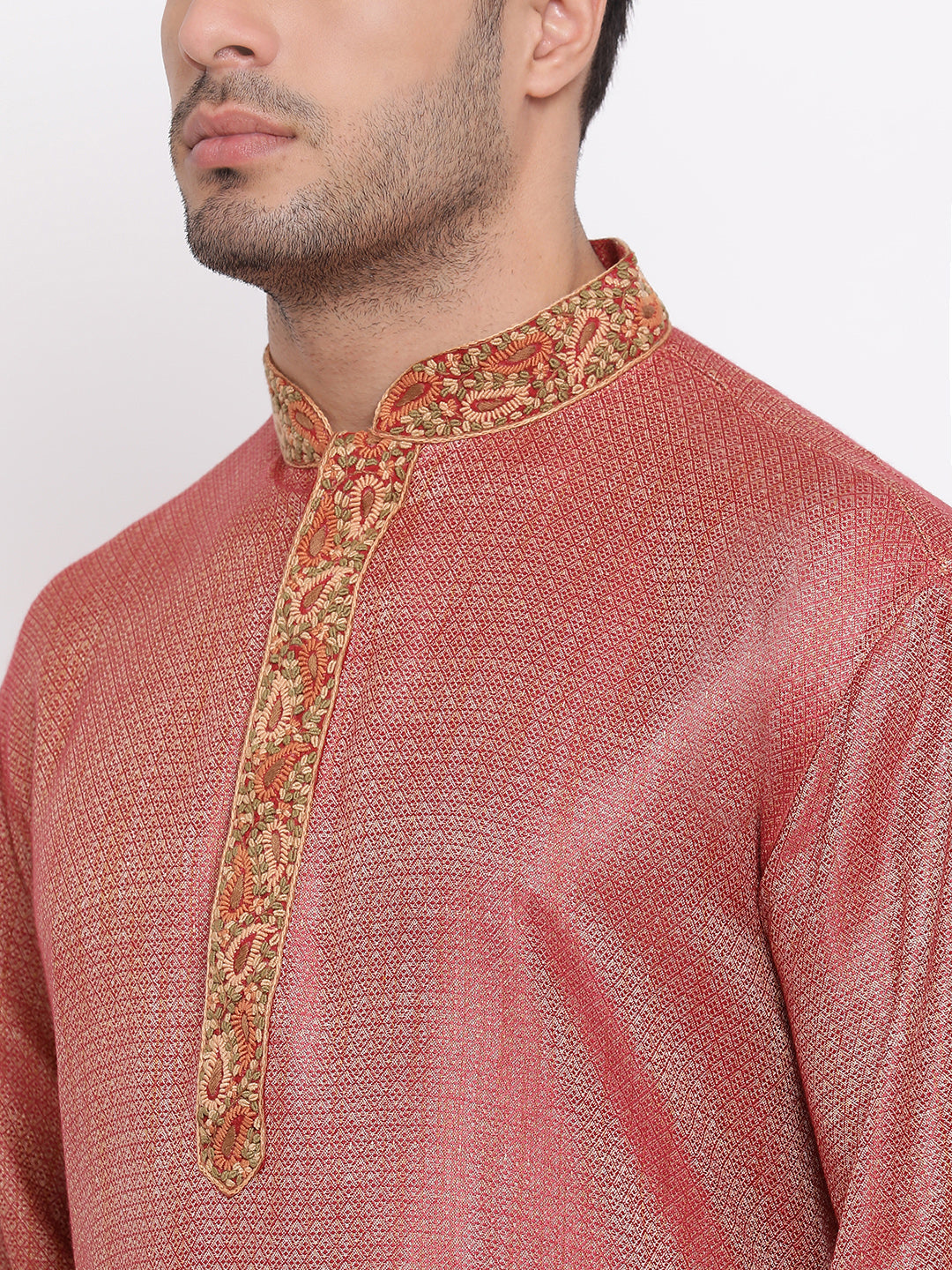 Full Sleeve Embroidered Kurta and Churidar Set in Red Cotton Blend
