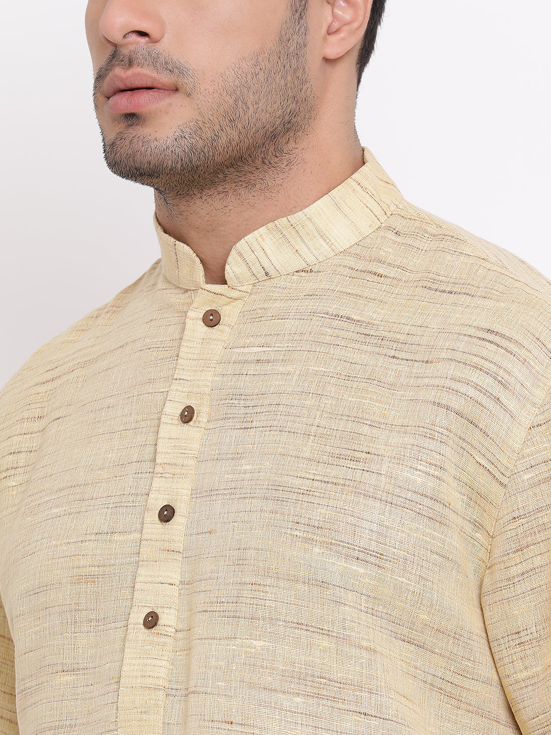 Full Sleeve Self Design Kurta and Churidar Set in Beige Khadi Cotton
