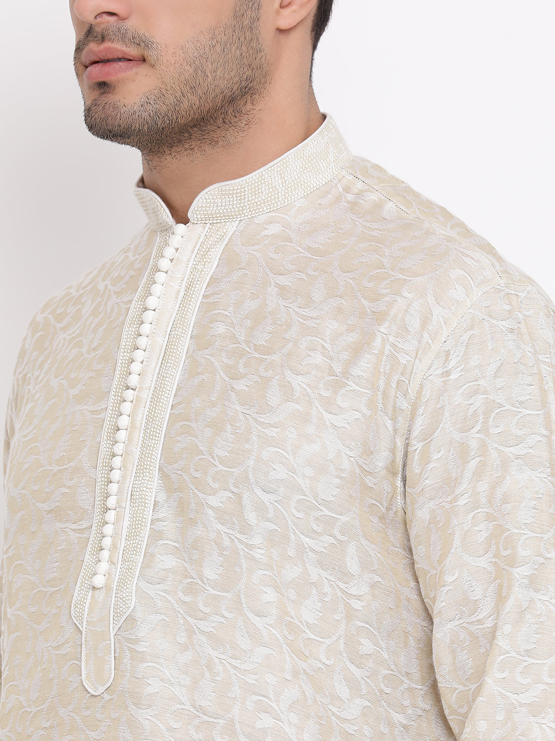 Full Sleeve Polka Print Kurta and Churidar Set in White Jacquard
