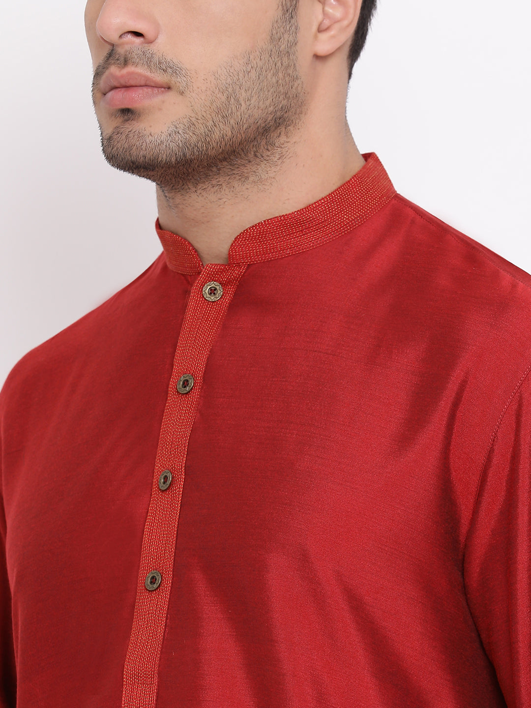 Full Sleeve Solid Kurta and Churidar Set in Red Silk Blend
