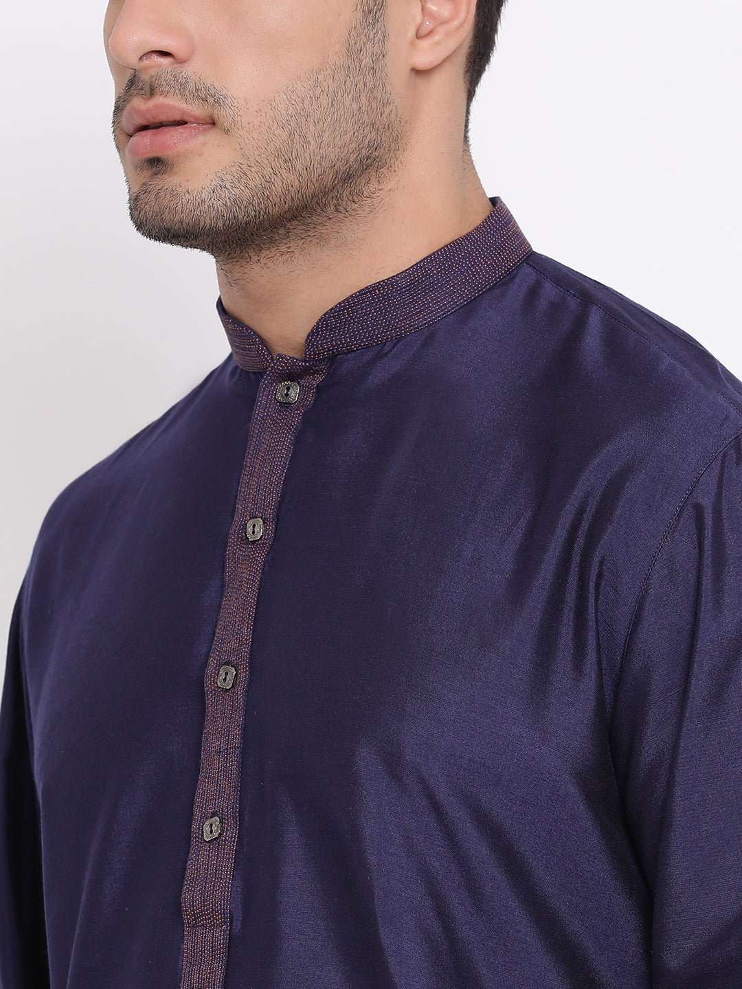 Full Sleeve Solid Kurta and Churidar Set in Blue Silk Blend
