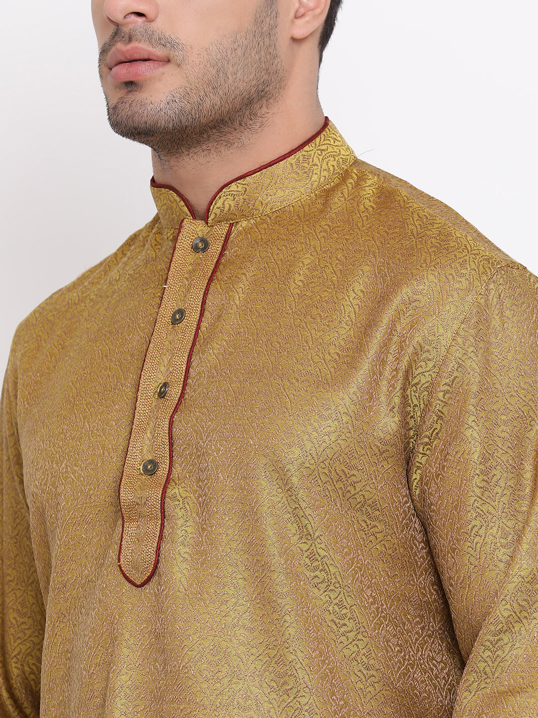 Full Sleeve Woven Kurta and Churidar Set in Dark Green Jacquard