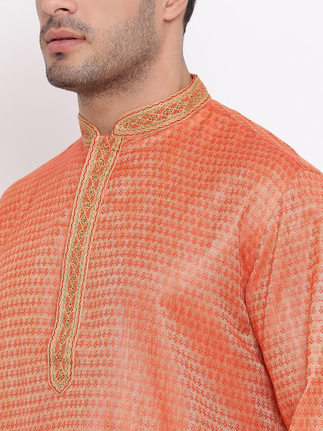 Full Sleeve Embroidered Kurta and Churidar Set in Orange Cotton Blend