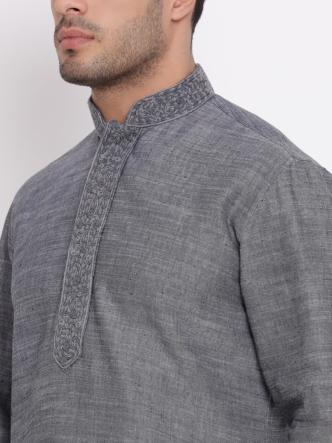 Full Sleeve Embroidered Kurta and Churidar Set in Grey Cotton Blend
