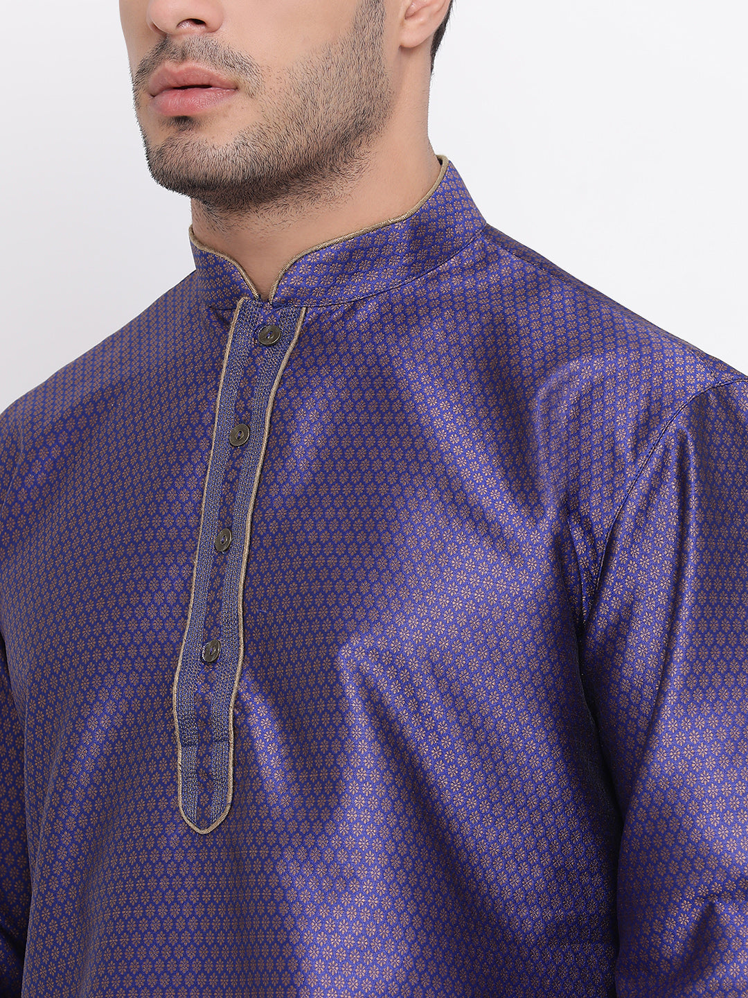 Full Sleeve Woven Kurta and Churidar Set in Blue Jacquard