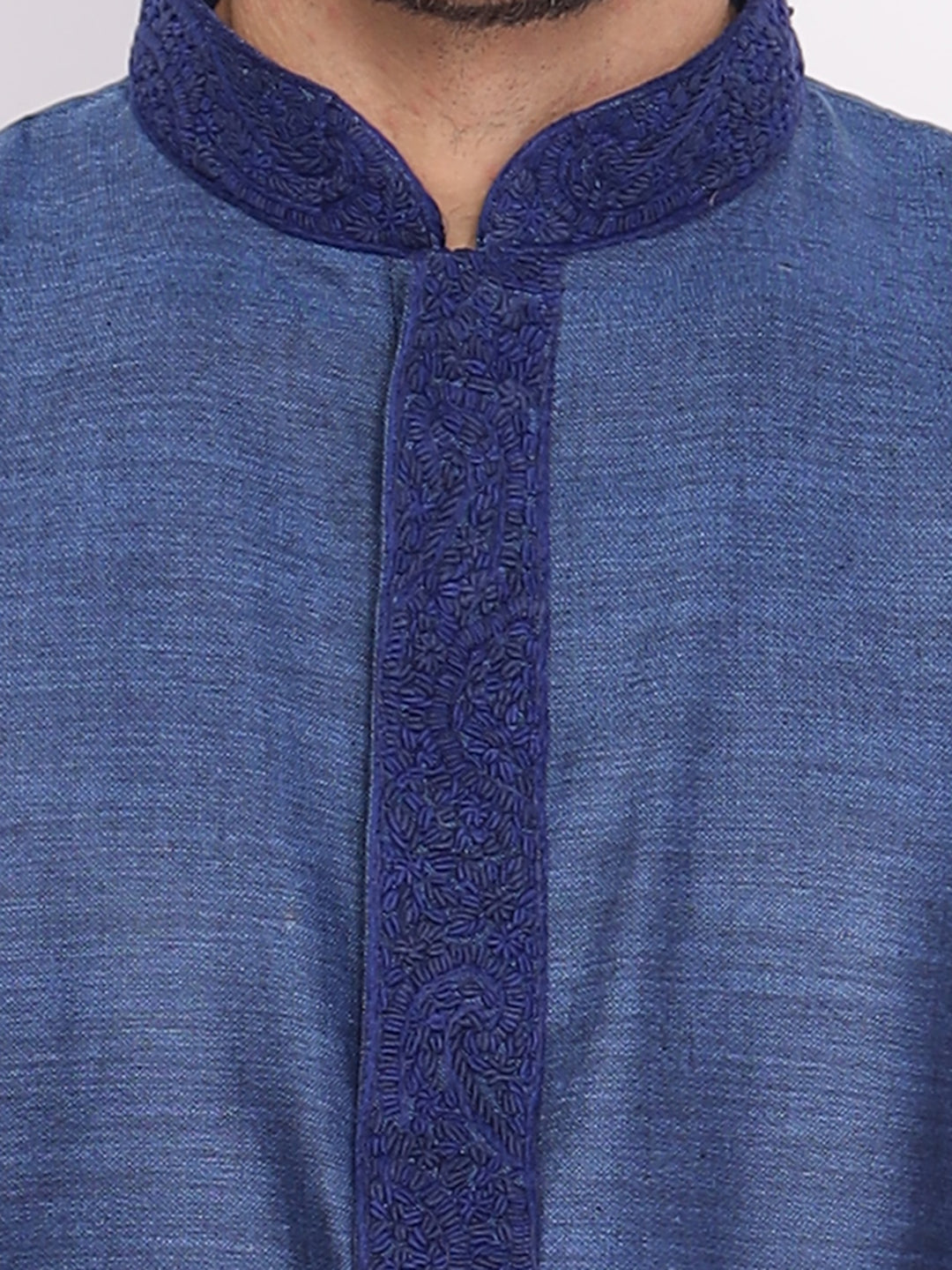 Full Sleeve Embroidered::Solid Kurta and Pyjama Set in Blue::White Cotton Blend