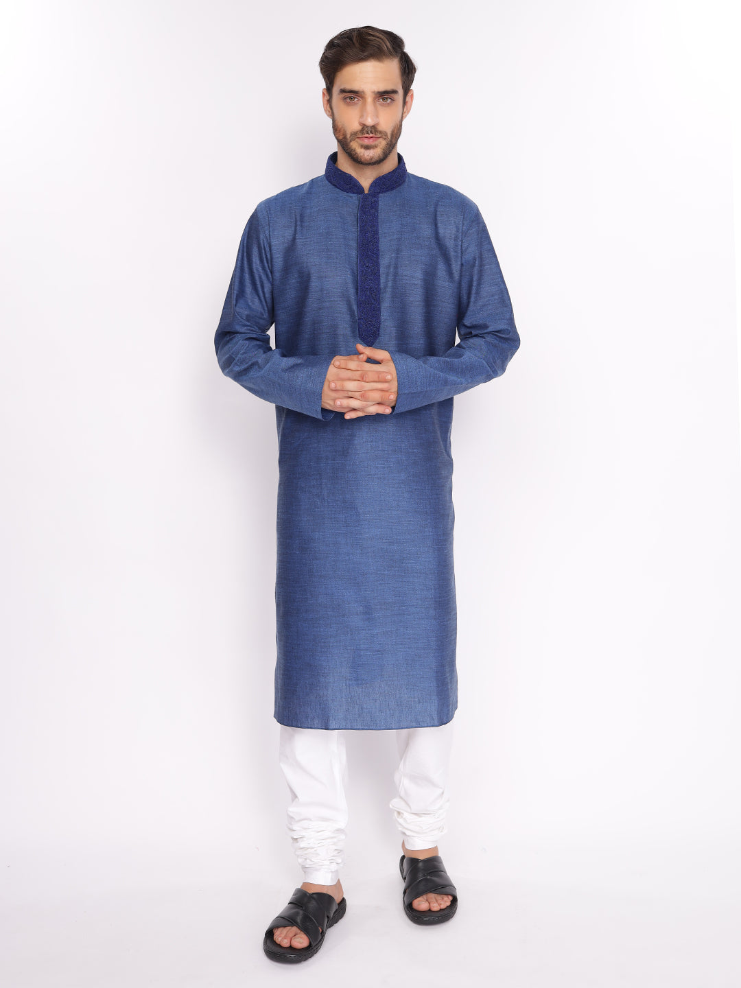 Full Sleeve Embroidered::Solid Kurta and Pyjama Set in Blue::White Cotton Blend