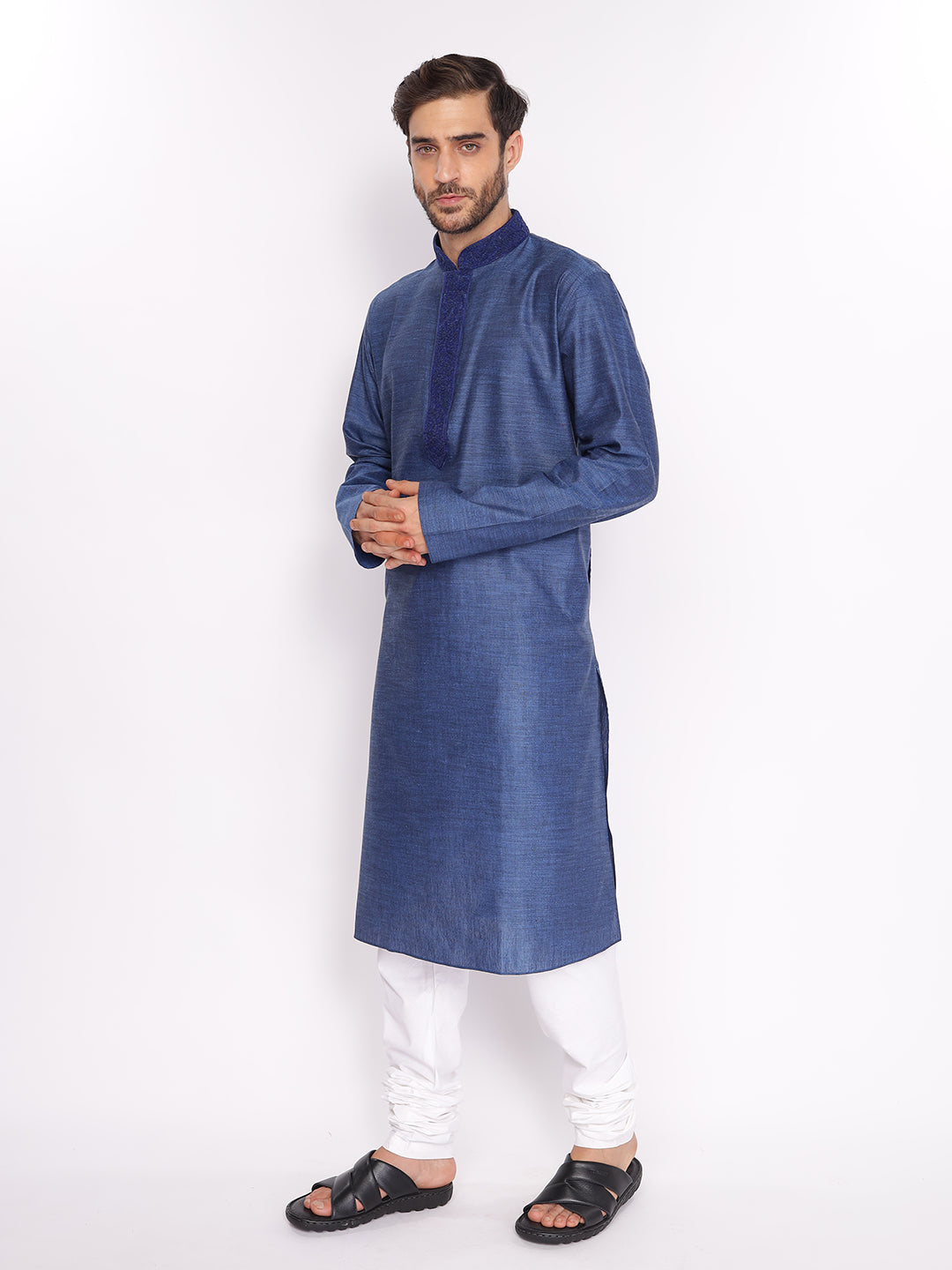 Full Sleeve Embroidered::Solid Kurta and Pyjama Set in Blue::White Cotton Blend
