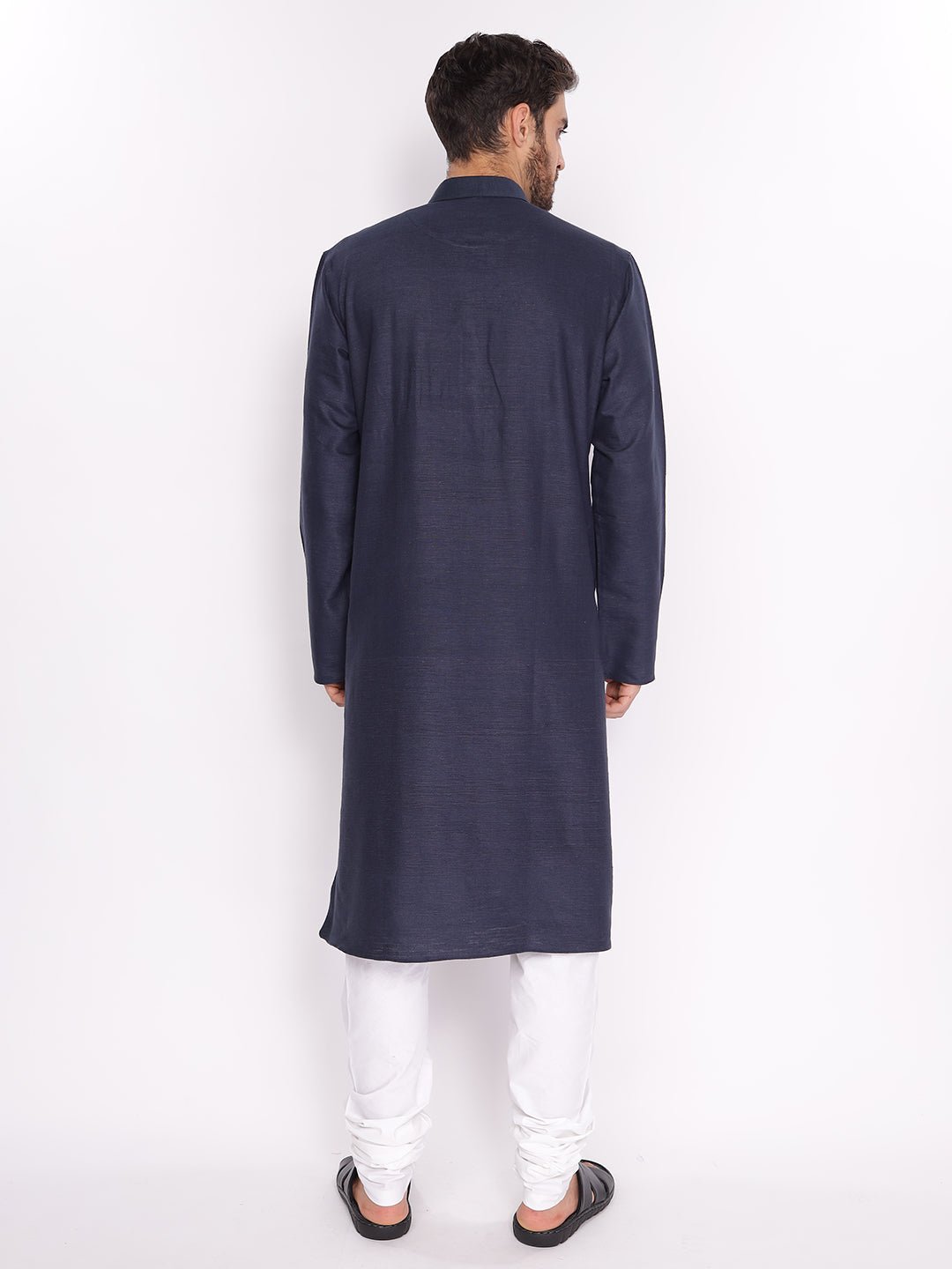 Full Sleeve Printed Kurta and Pyjama Set in Dark Blue Khadi Cotton