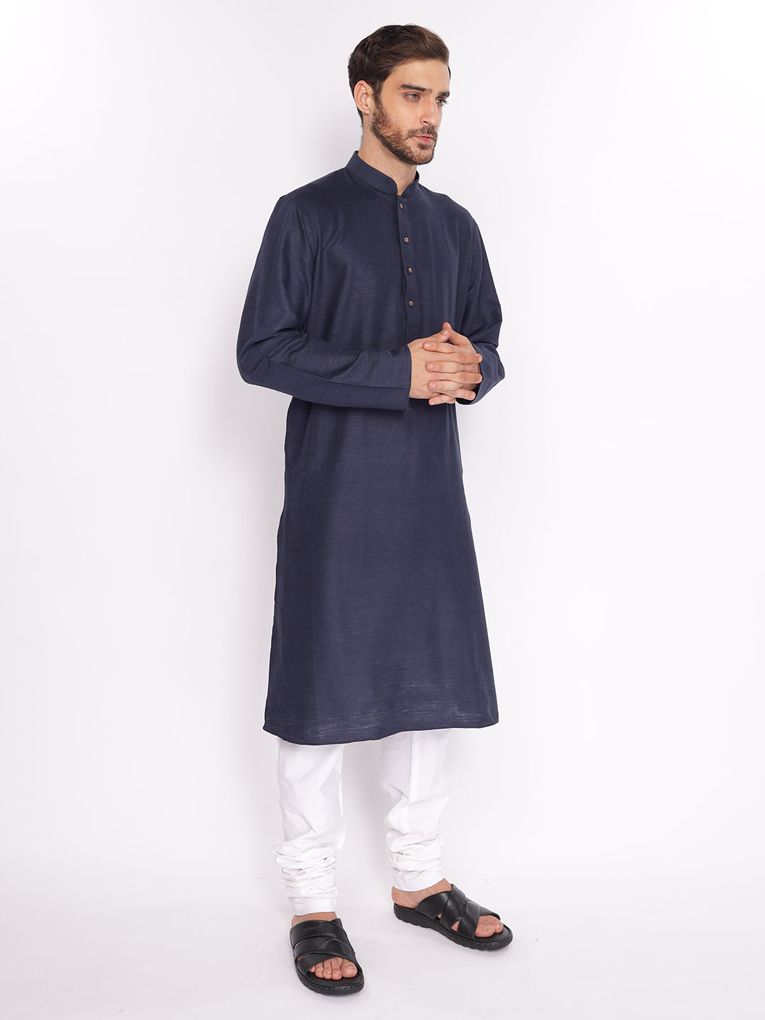 Full Sleeve Printed Kurta and Pyjama Set in Dark Blue Khadi Cotton