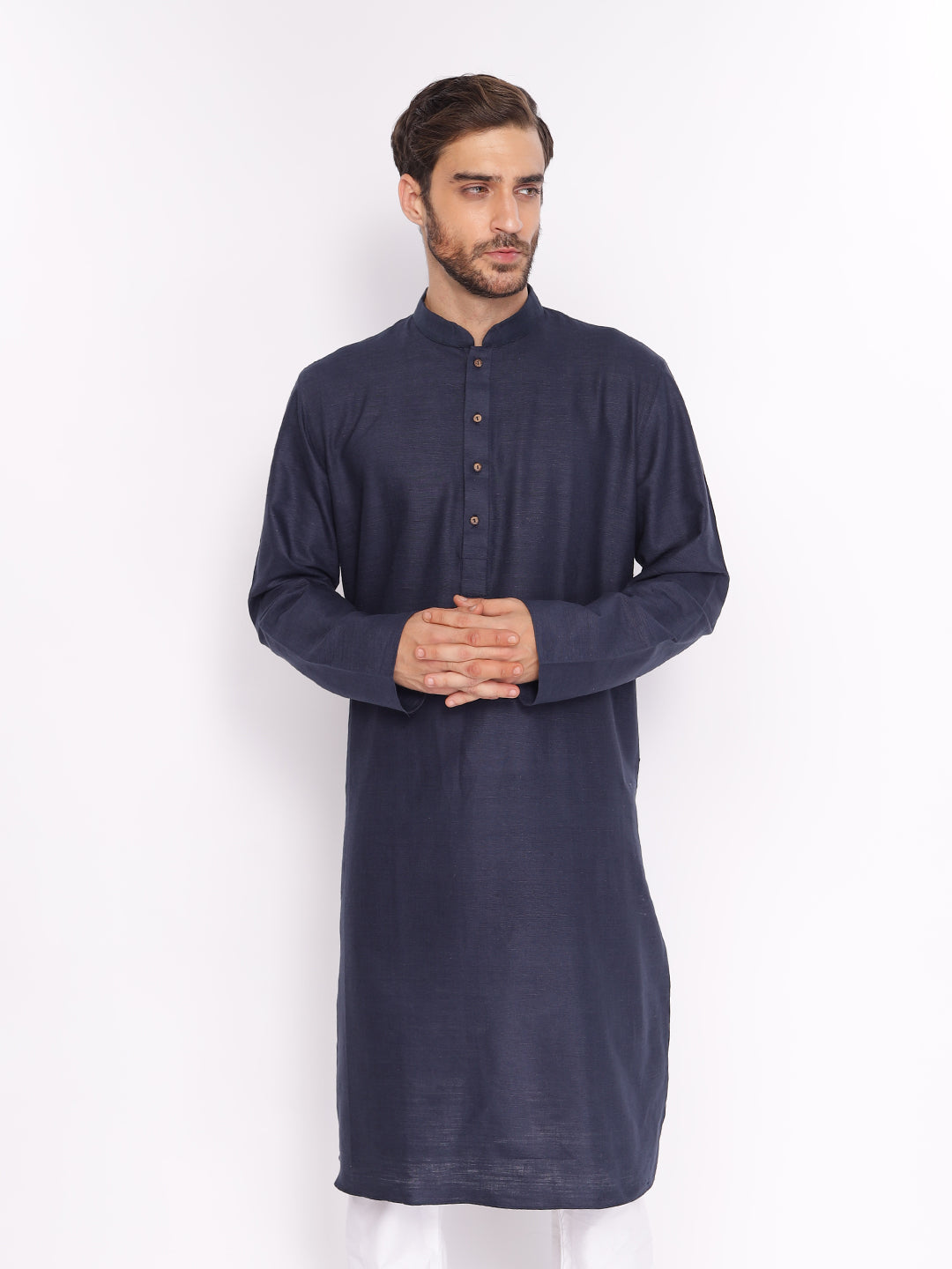 Full Sleeve Printed Kurta and Pyjama Set in Dark Blue Khadi Cotton