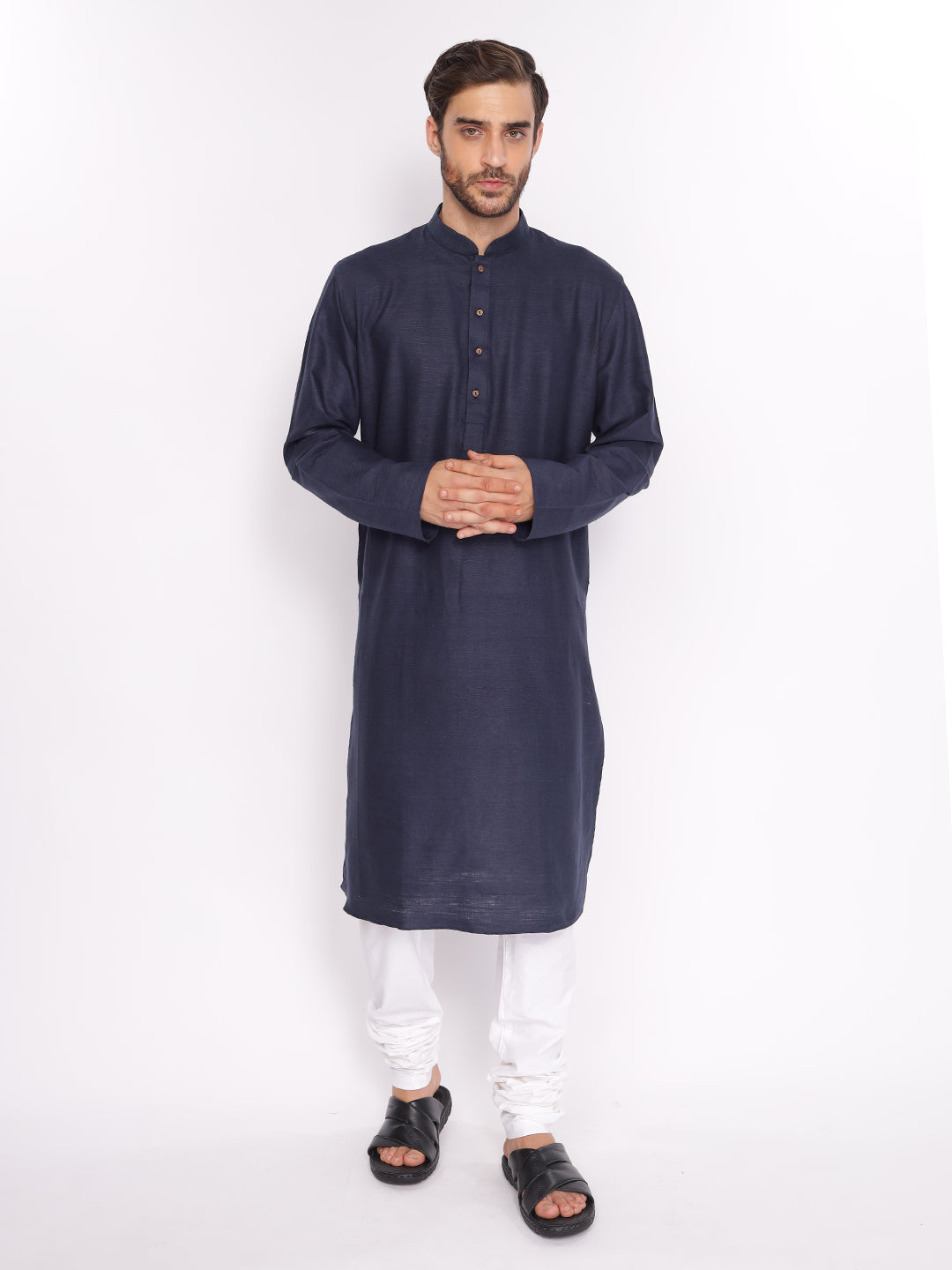 Full Sleeve Printed Kurta and Pyjama Set in Dark Blue Khadi Cotton