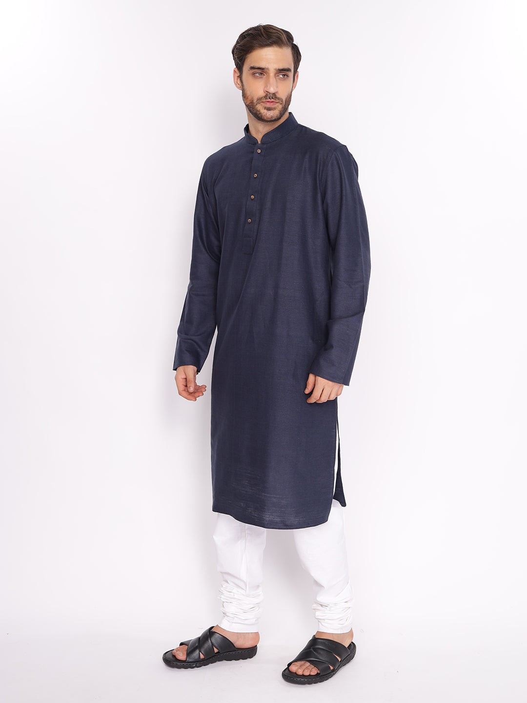 Full Sleeve Printed Kurta and Pyjama Set in Dark Blue Khadi Cotton