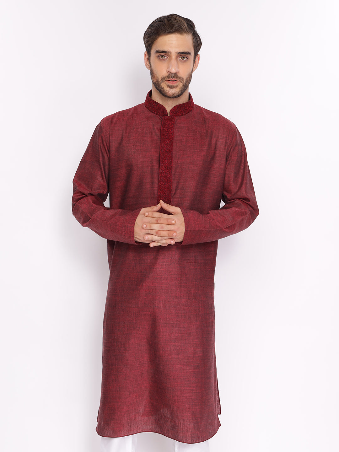 Full Sleeve Embroidered Kurta and Pyjama Set in Maroon Cotton Blend