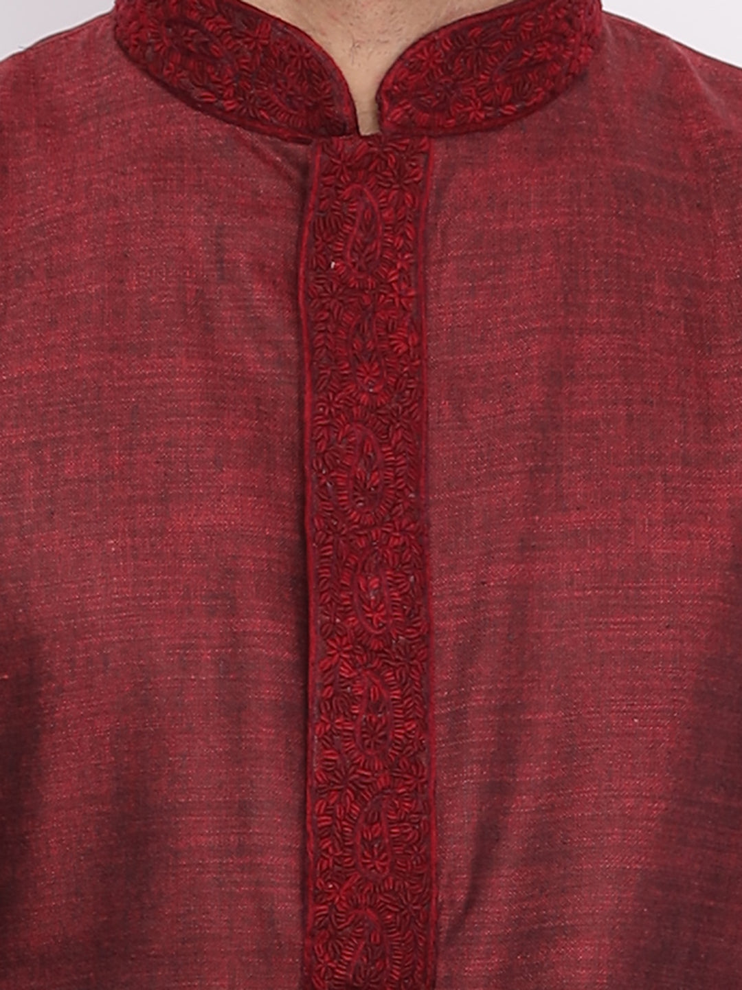 Full Sleeve Embroidered Kurta and Pyjama Set in Maroon Cotton Blend