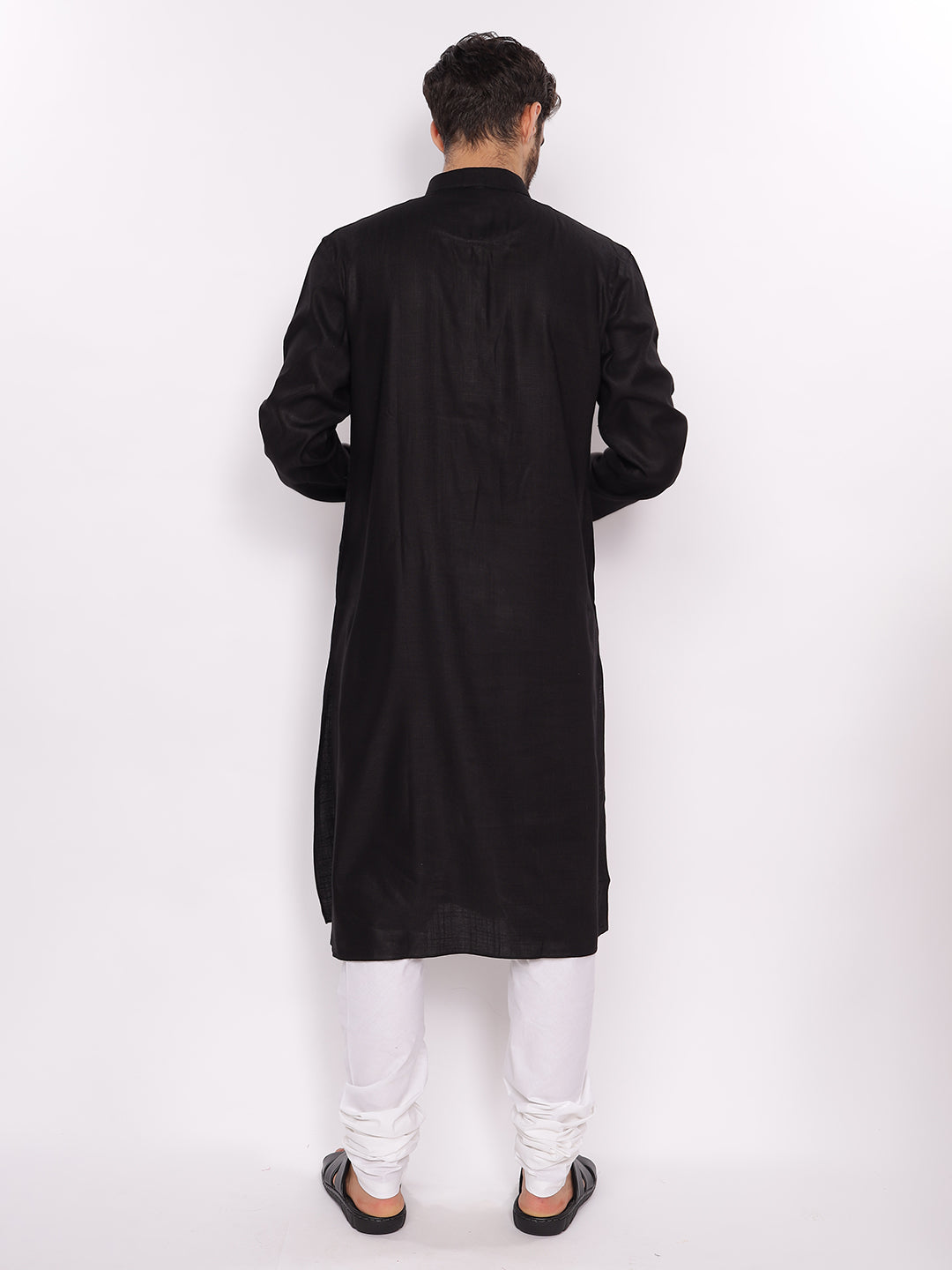 Full Sleeve Self Design Kurta and Pyjama Set in Black::White Pure Cotton