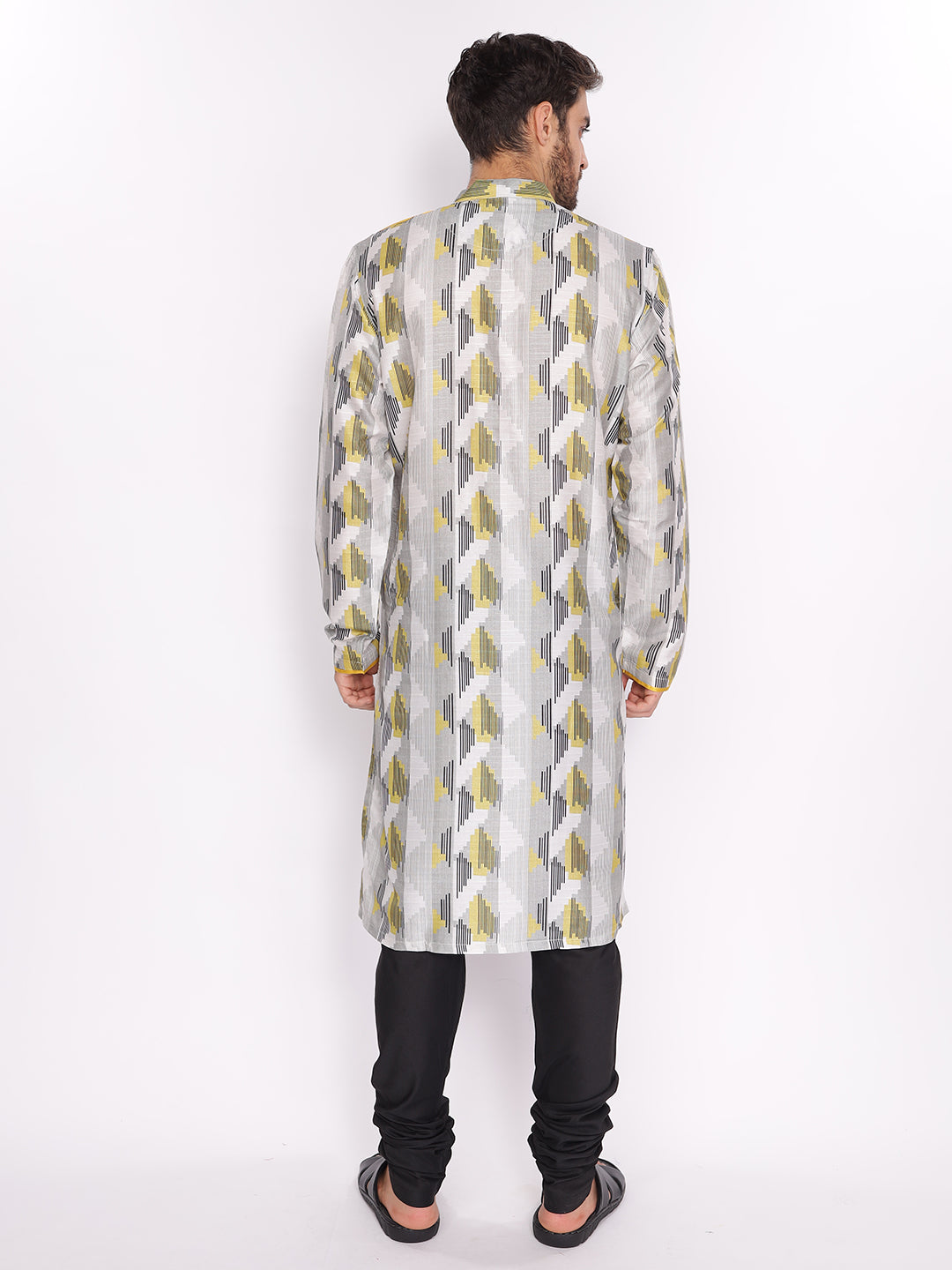 Full Sleeve Printed Kurta and Pyjama Set in Yellow::Black Cotton Blend