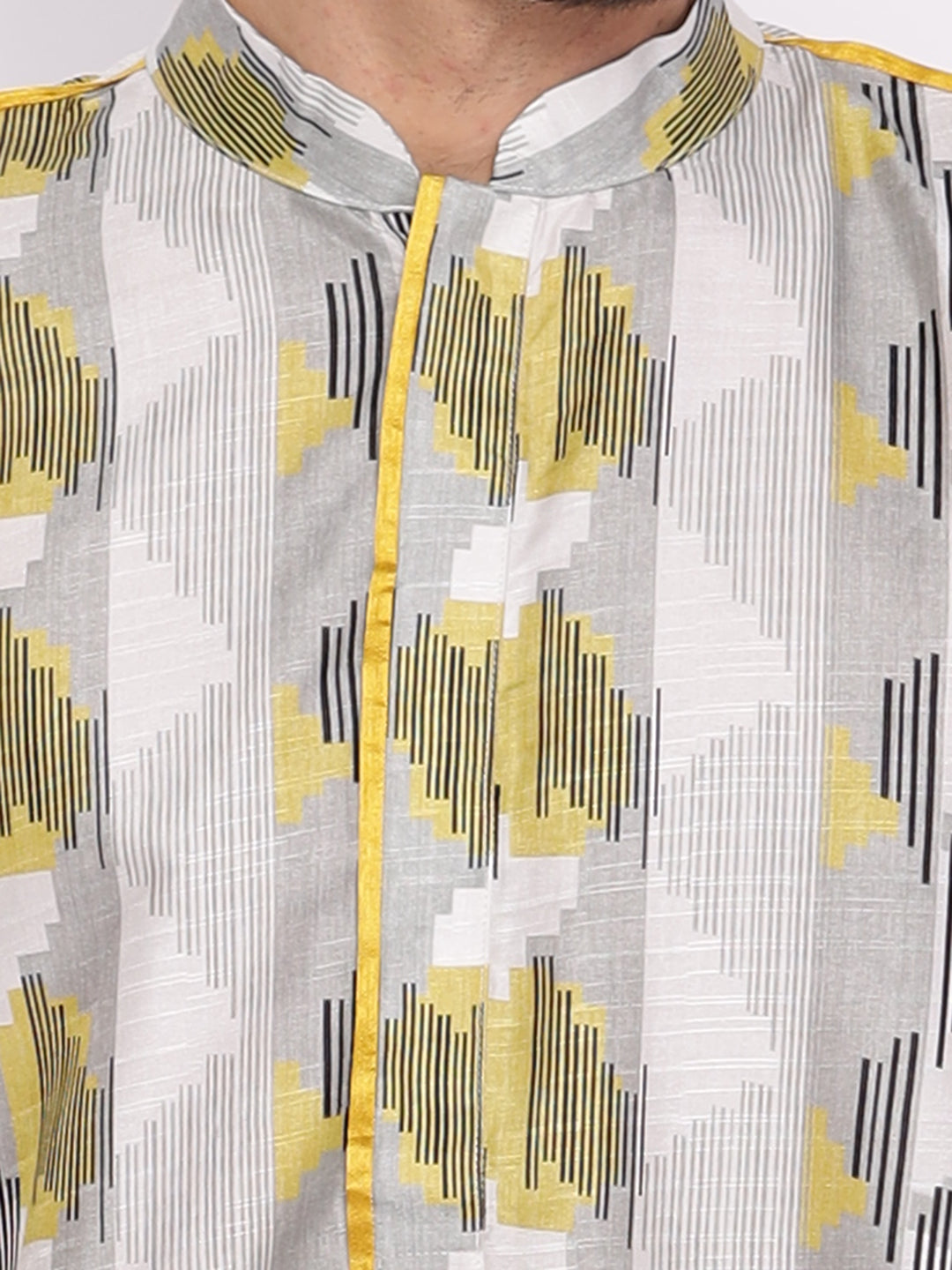 Full Sleeve Printed Kurta and Pyjama Set in Yellow::Black Cotton Blend