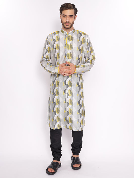 Full Sleeve Printed Kurta and Pyjama Set in Yellow::Black Cotton Blend