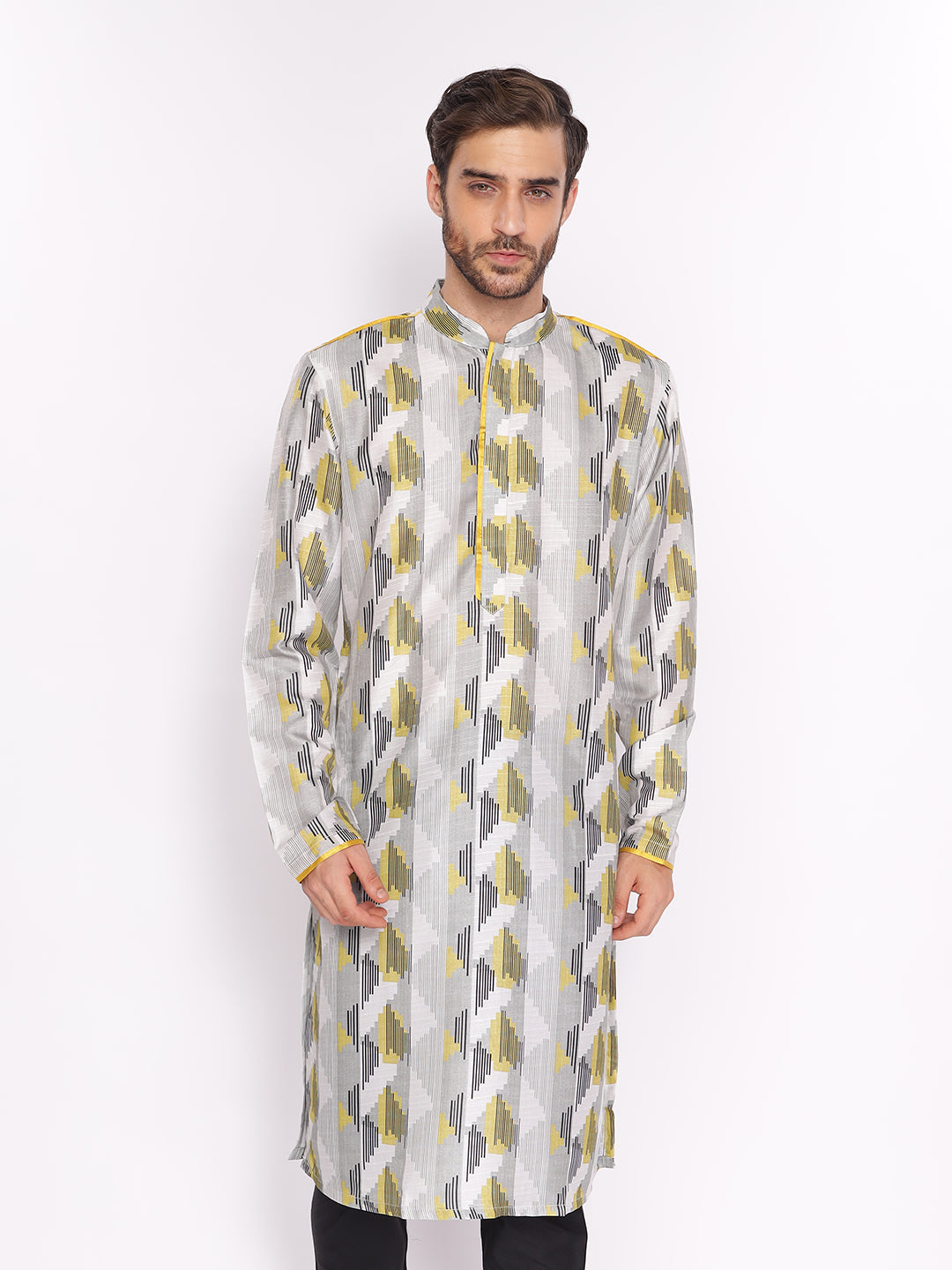 Full Sleeve Printed Kurta and Pyjama Set in Yellow::Black Cotton Blend