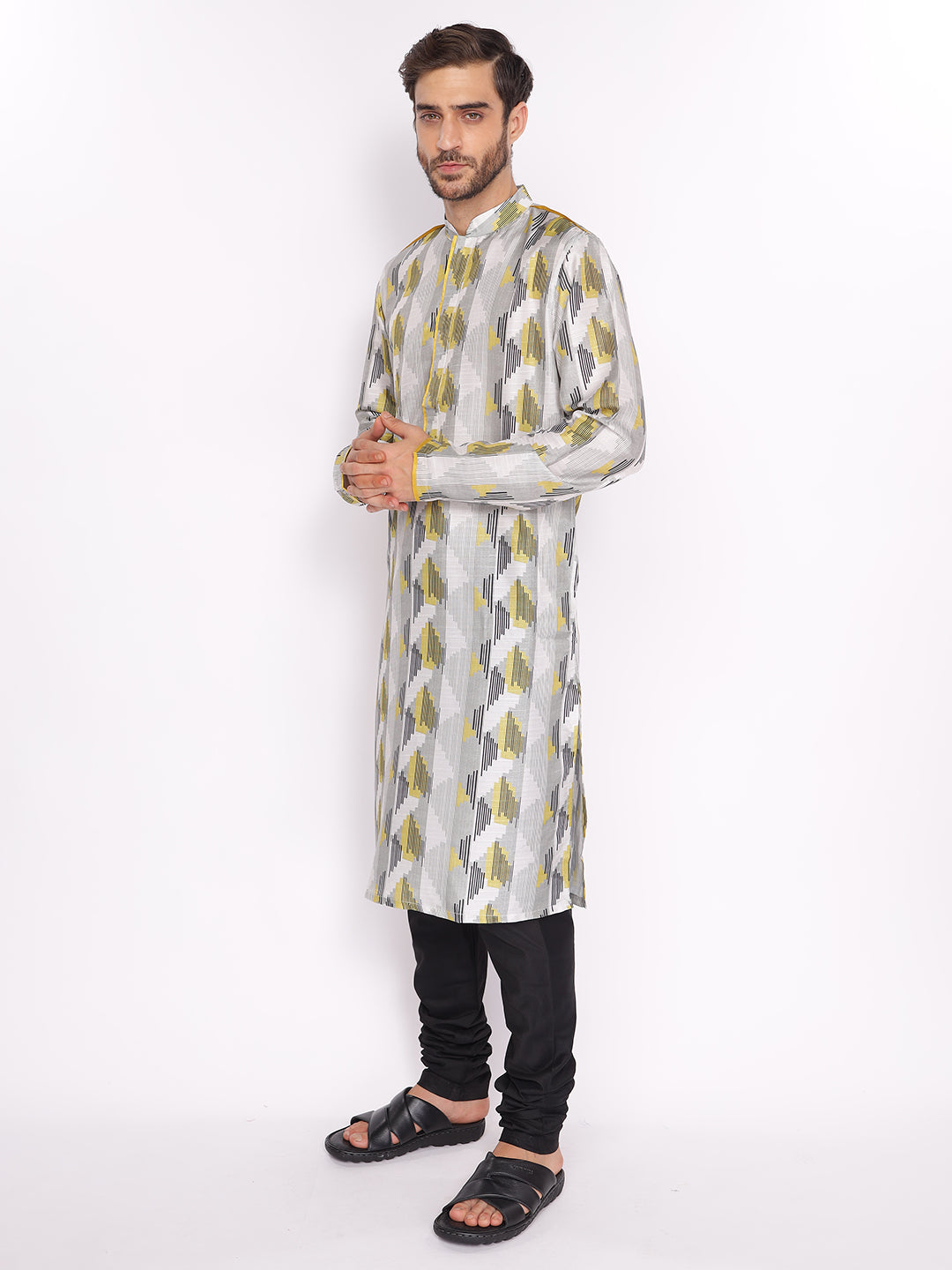 Full Sleeve Printed Kurta and Pyjama Set in Yellow::Black Cotton Blend