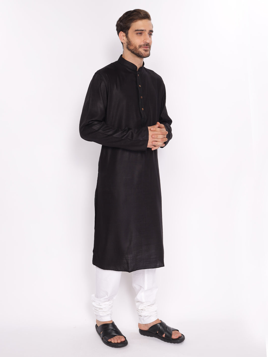 Full Sleeve Self Design Kurta and Pyjama Set in Black::White Pure Cotton