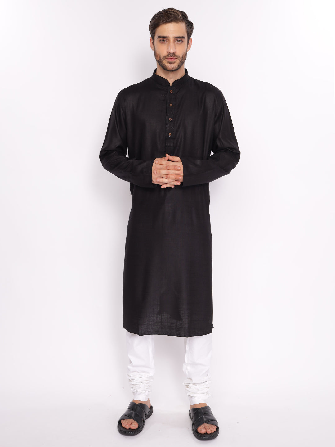 Full Sleeve Self Design Kurta and Pyjama Set in Black::White Pure Cotton