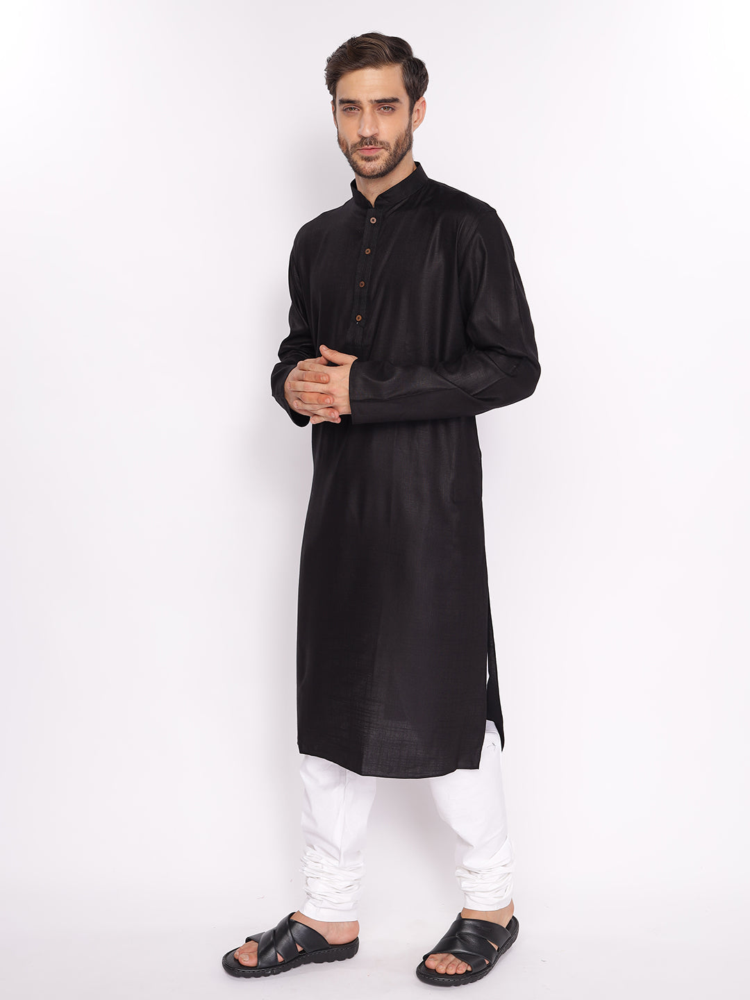 Full Sleeve Self Design Kurta and Pyjama Set in Black::White Pure Cotton