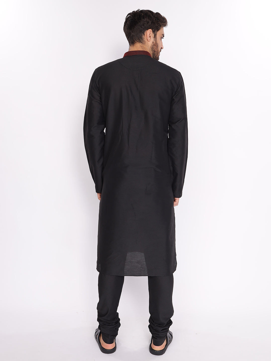 Full Sleeve Self Design Kurta and Pyjama Set in Black Cotton Blend