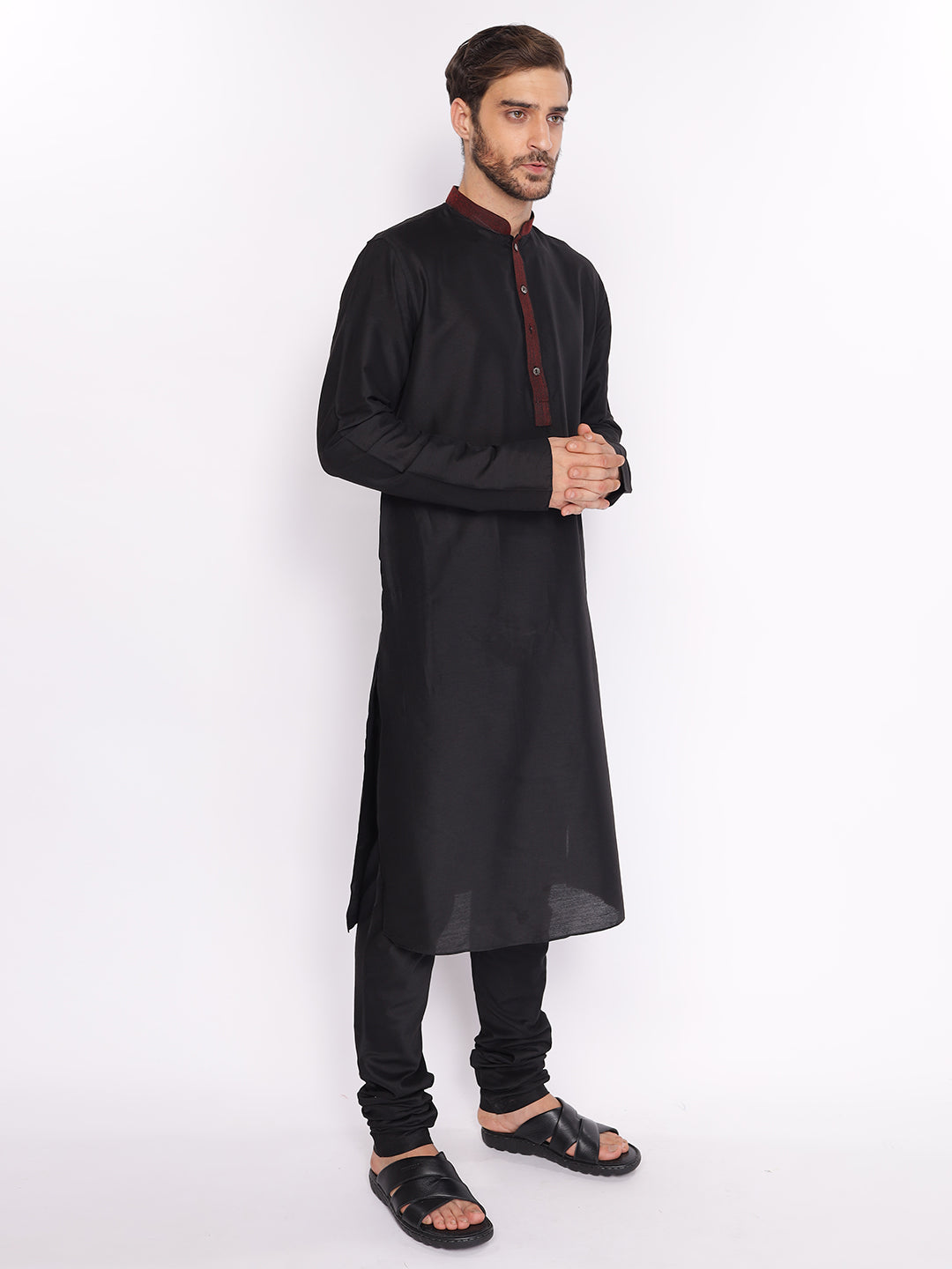 Full Sleeve Self Design Kurta and Pyjama Set in Black Cotton Blend