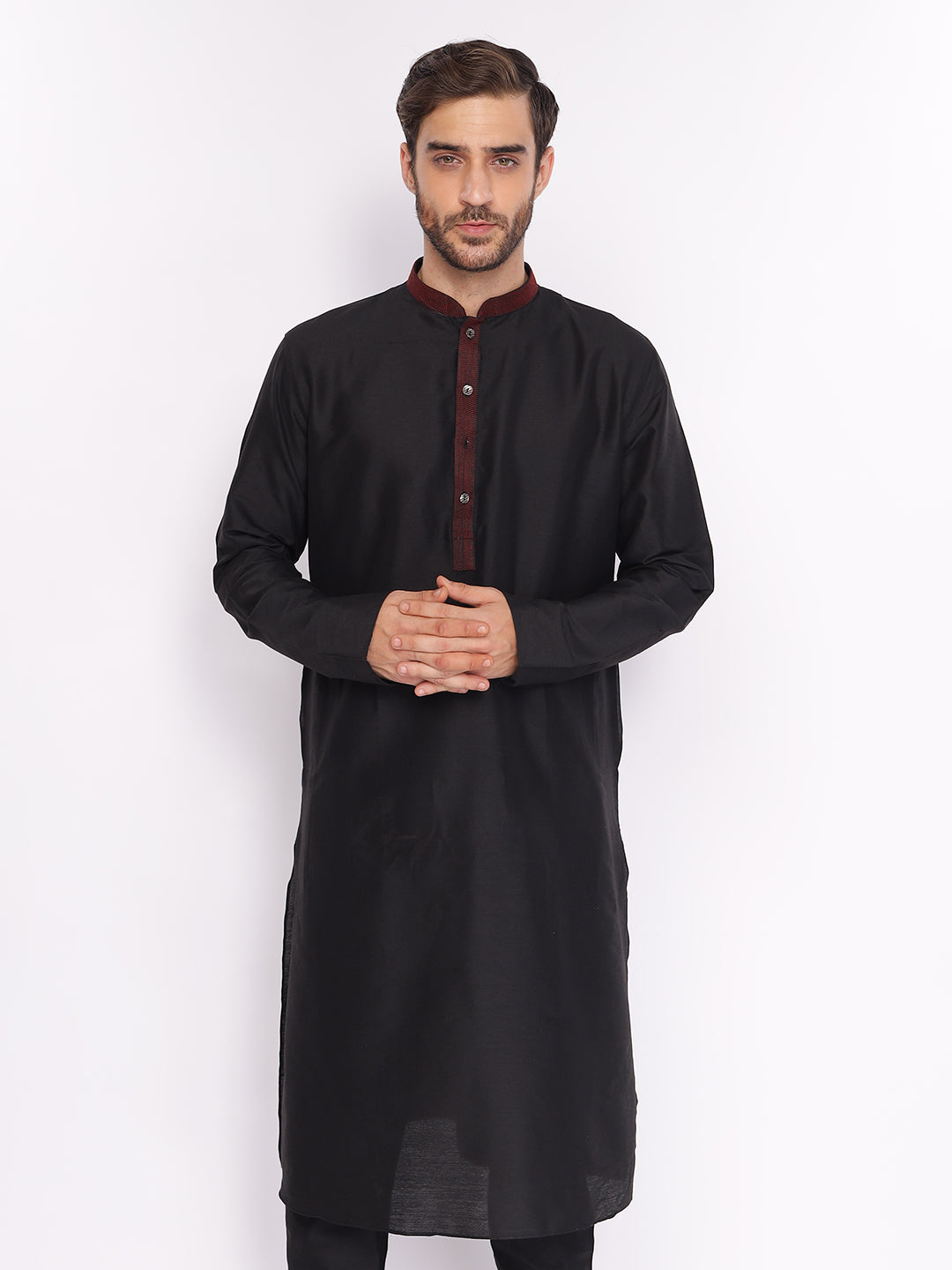 Full Sleeve Self Design Kurta and Pyjama Set in Black Cotton Blend