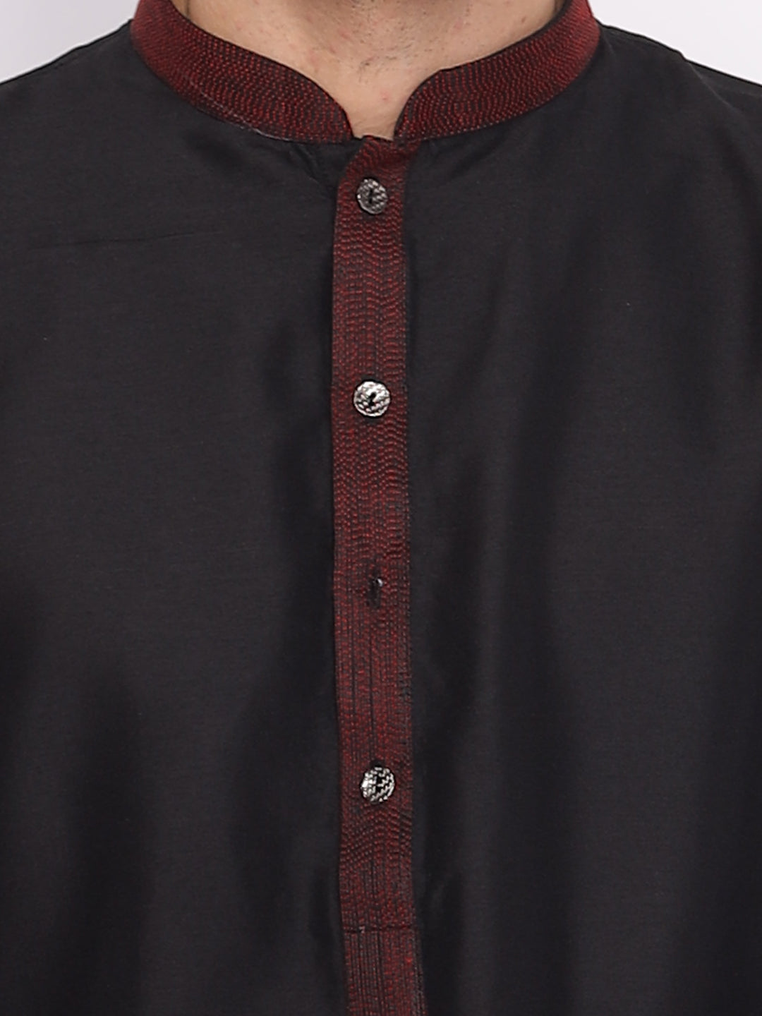 Full Sleeve Self Design Kurta and Pyjama Set in Black Cotton Blend